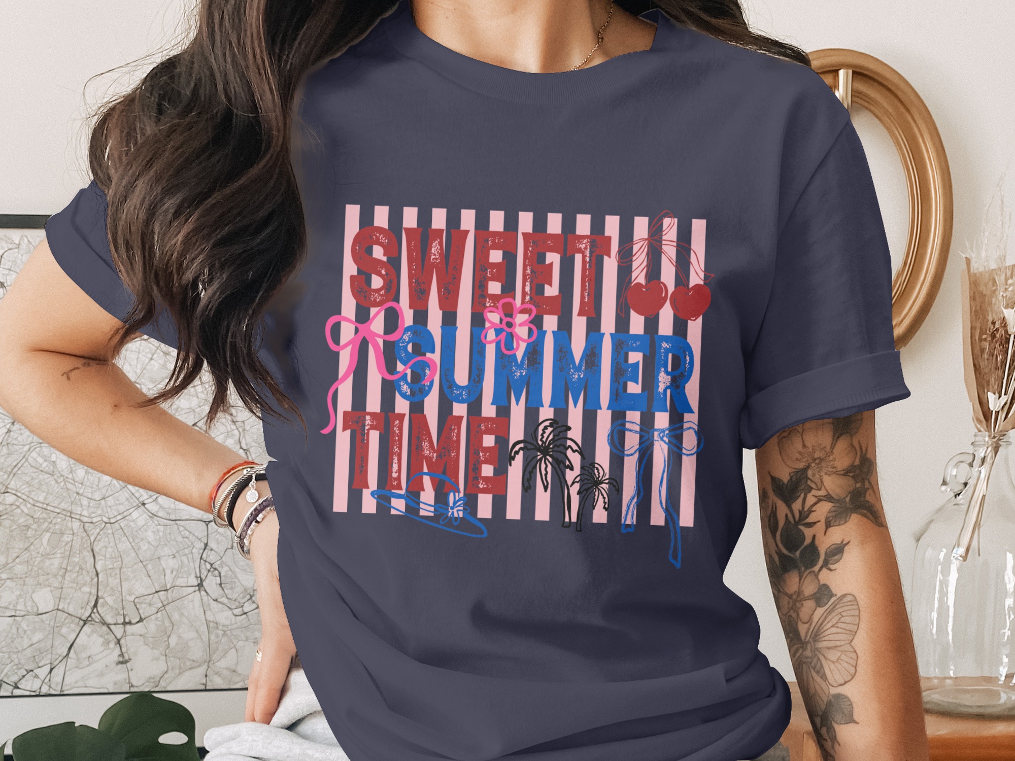 Sweet Summer Time T-Shirt, Retro Patriotic Summer Vibes Tee, Cherry Bow Palm Tree Shirt, Beach Vacation Outfit, Fourth of July Gift - Image 3