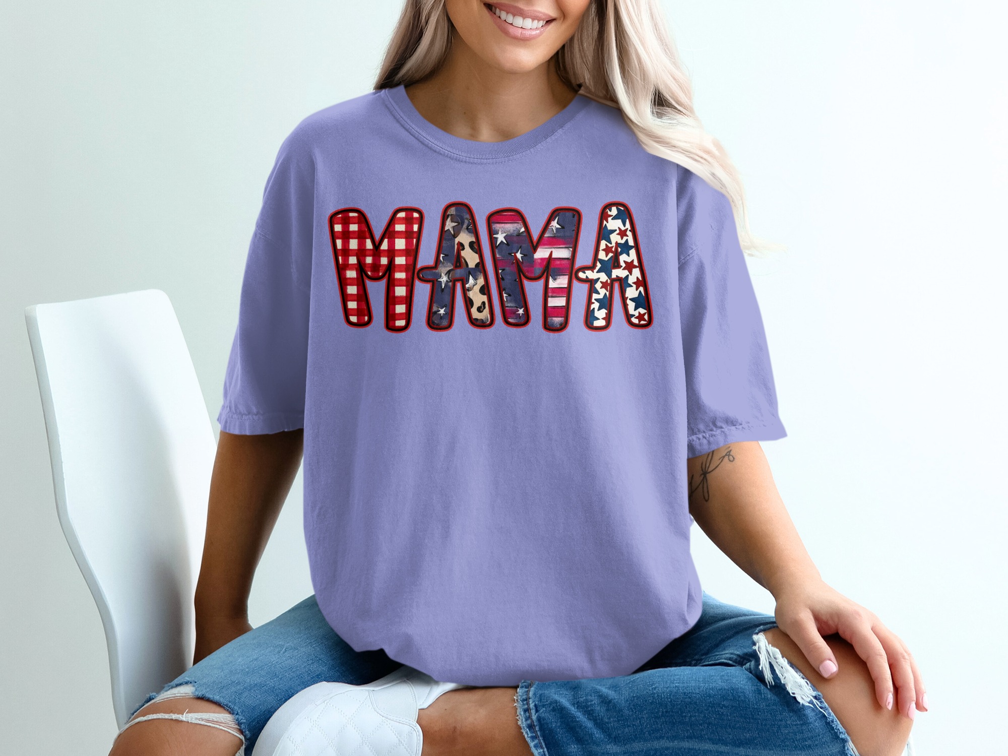 Patriotic Mama T-Shirt, Western Mama Shirt with Leopard Print, Buffalo Plaid Mama Gift, American Flag Star Mom Tee for Mother's Day - Image 18
