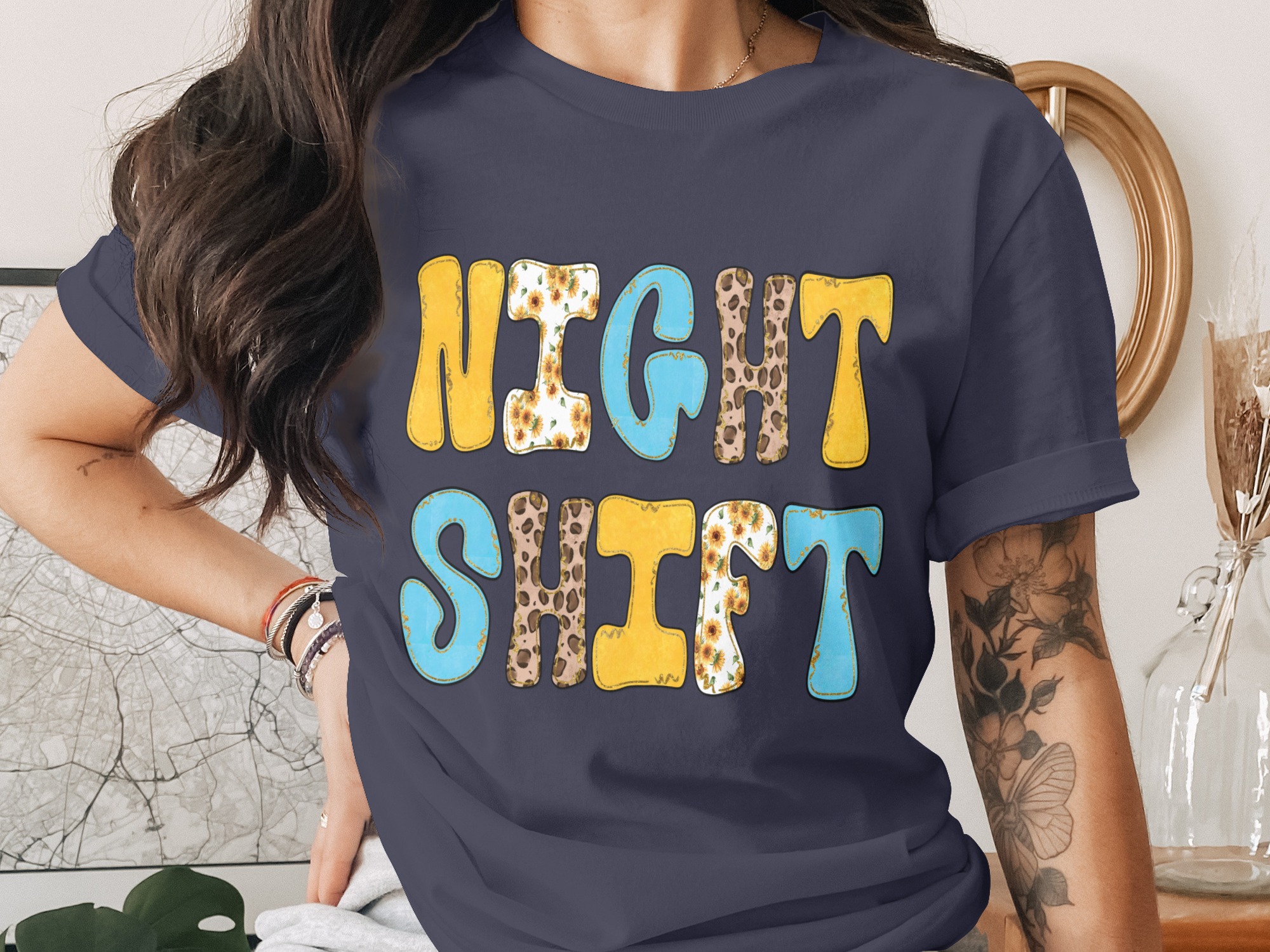 Night Shift PNG Digital Download File, Nurse Sublimation Design, Sunflower Leopard Print Healthcare Worker Graphic, Overnight Crew Gift Idea - Image 2