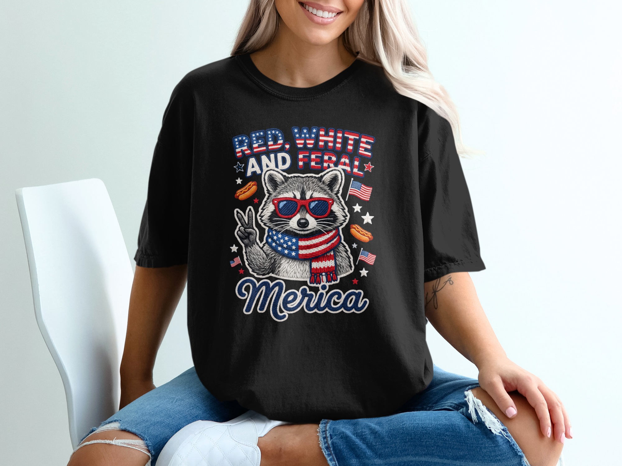 Red White and Feral Merica Raccoon T-Shirt, Funny Patriotic 4th of July Tee, American Flag Animal Shirt, Summer Party Gift - Image 8