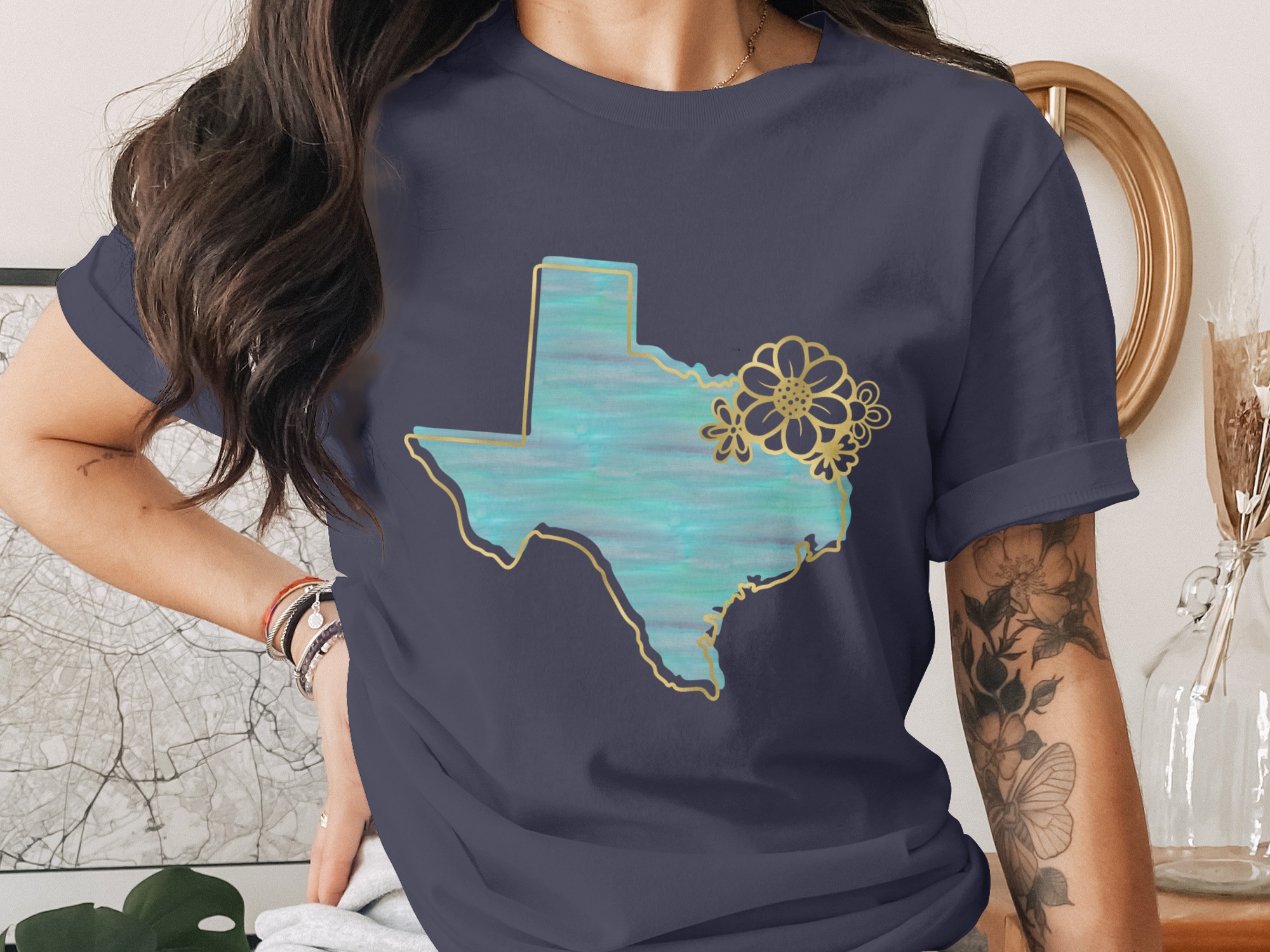 Texas Watercolor T-Shirt | Faux Gold Floral Texas Tee | Boho Texas State Pride Shirt for Her | Aesthetic Texan Gift - Image 3