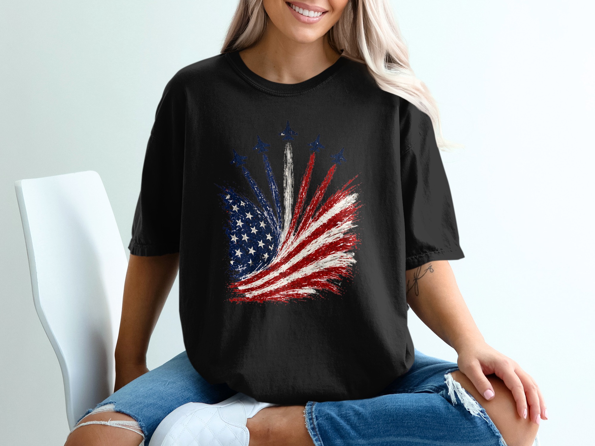 Patriotic American Flag T-Shirt, Fighter Jet Military Shirt, Comfort Colors ® USA Distressed Flag Tee, 4th of July, Veterans Day Gift - Image 2