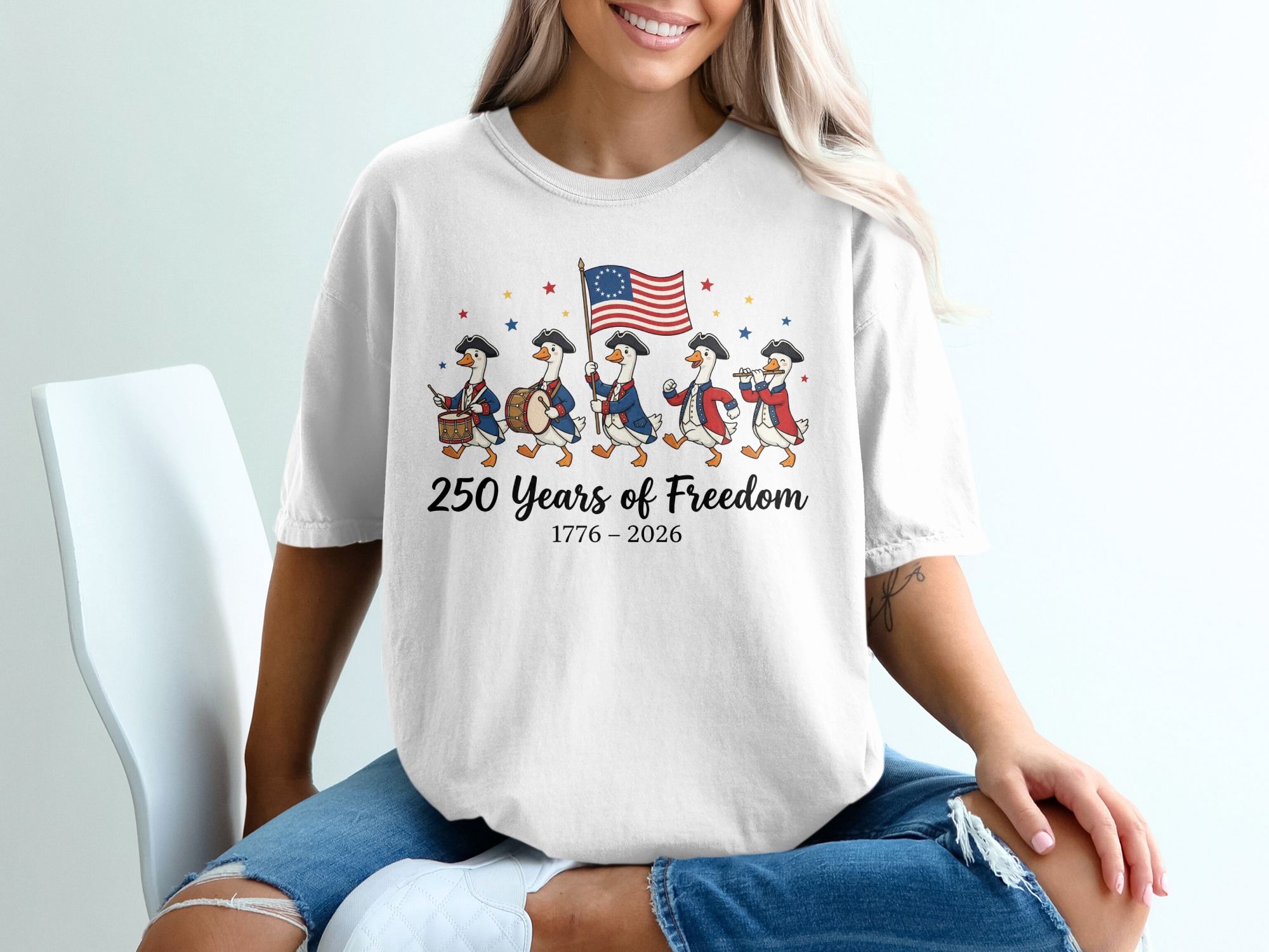 250 Years of Freedom T-Shirt, Patriotic Geese Marching Tee, American Independence Day 1776-2026 History Shirt, Betsy Ross Flag Top - Image 6