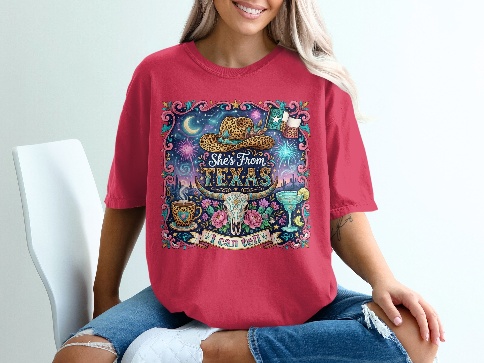 She's From Texas T-Shirt, Western Boho Cowgirl Tee, Texas Pride Gift for Her, Leopard Print Cowboy Hat Longhorn Skull Desert Shirt - Image 14