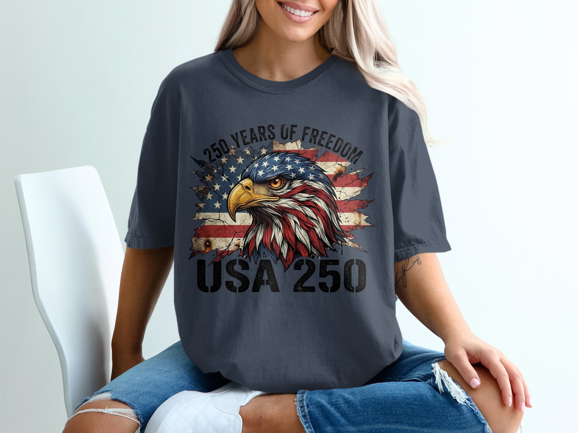 Patriotic American Eagle T-Shirt, USA 250 Years of Freedom Flag Tee, Distressed Heritage Commemorative Independence Day Shirt - Image 12