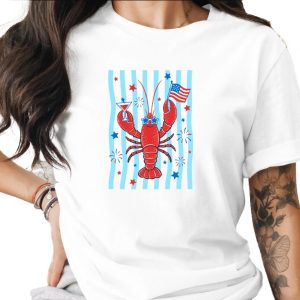 Comfort Colors® Patriotic Lobster T-Shirt, Funny 4th of July Tee, Summer Coastal Vacation Shirt, USA Flag Lobster Party Top