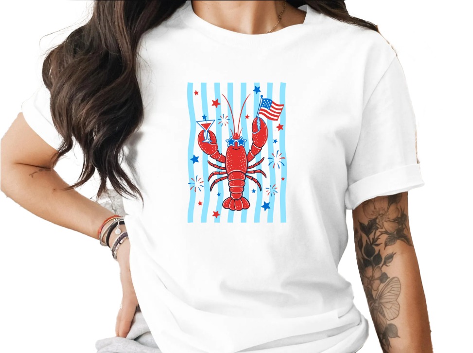Comfort Colors® Patriotic Lobster T-Shirt, Funny 4th of July Tee, Summer Coastal Vacation Shirt, USA Flag Lobster Party Top