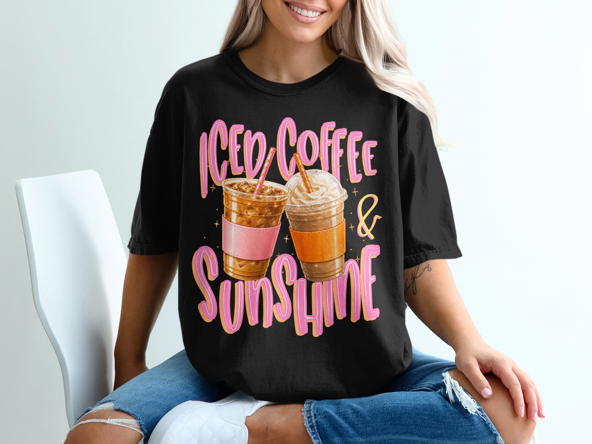 Iced Coffee Sunshine T-Shirt, Summer Vibes Gift, Coffee Lover Aesthetic Tee, Cute Caffeine Graphic Shirt, Women's Trendy Top - Image 8