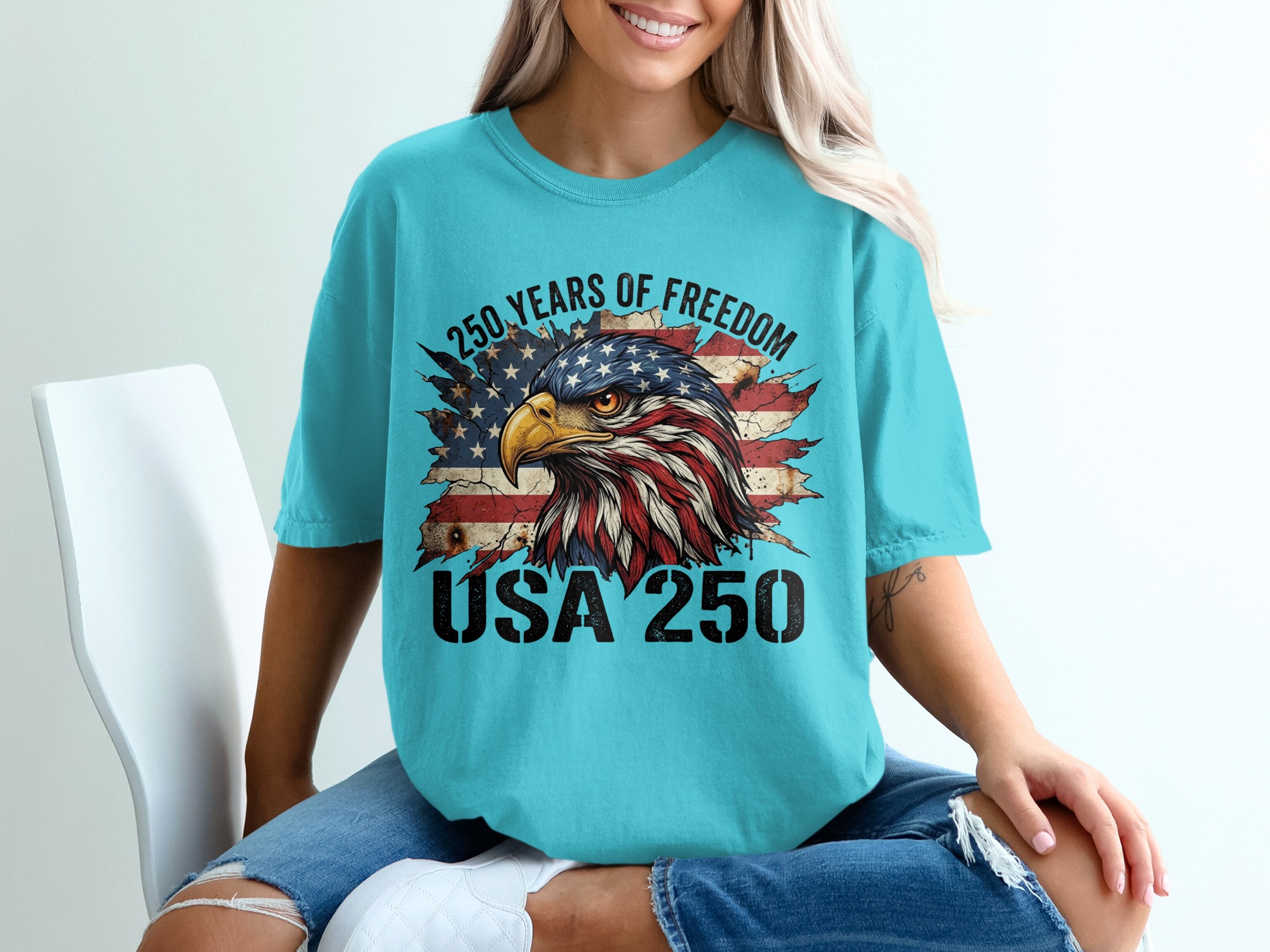 Patriotic American Eagle T-Shirt, USA 250 Years of Freedom Flag Tee, Distressed Heritage Commemorative Independence Day Shirt - Image 9