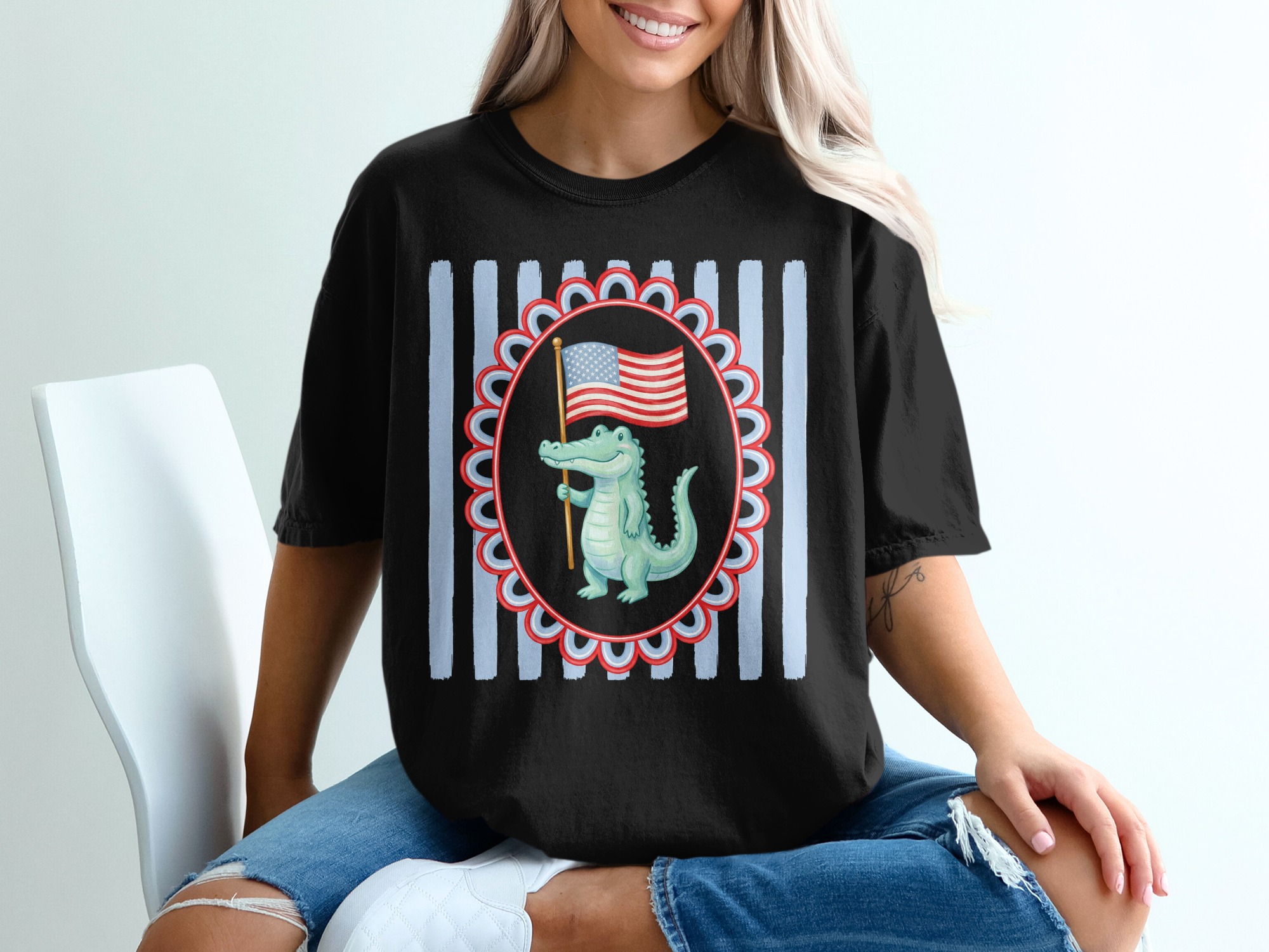 Comfort Colors® Patriotic Alligator T-Shirt, American Flag Crocodile Tee, Cute USA Independence Day Summer Shirt, Southern Style - Image 8