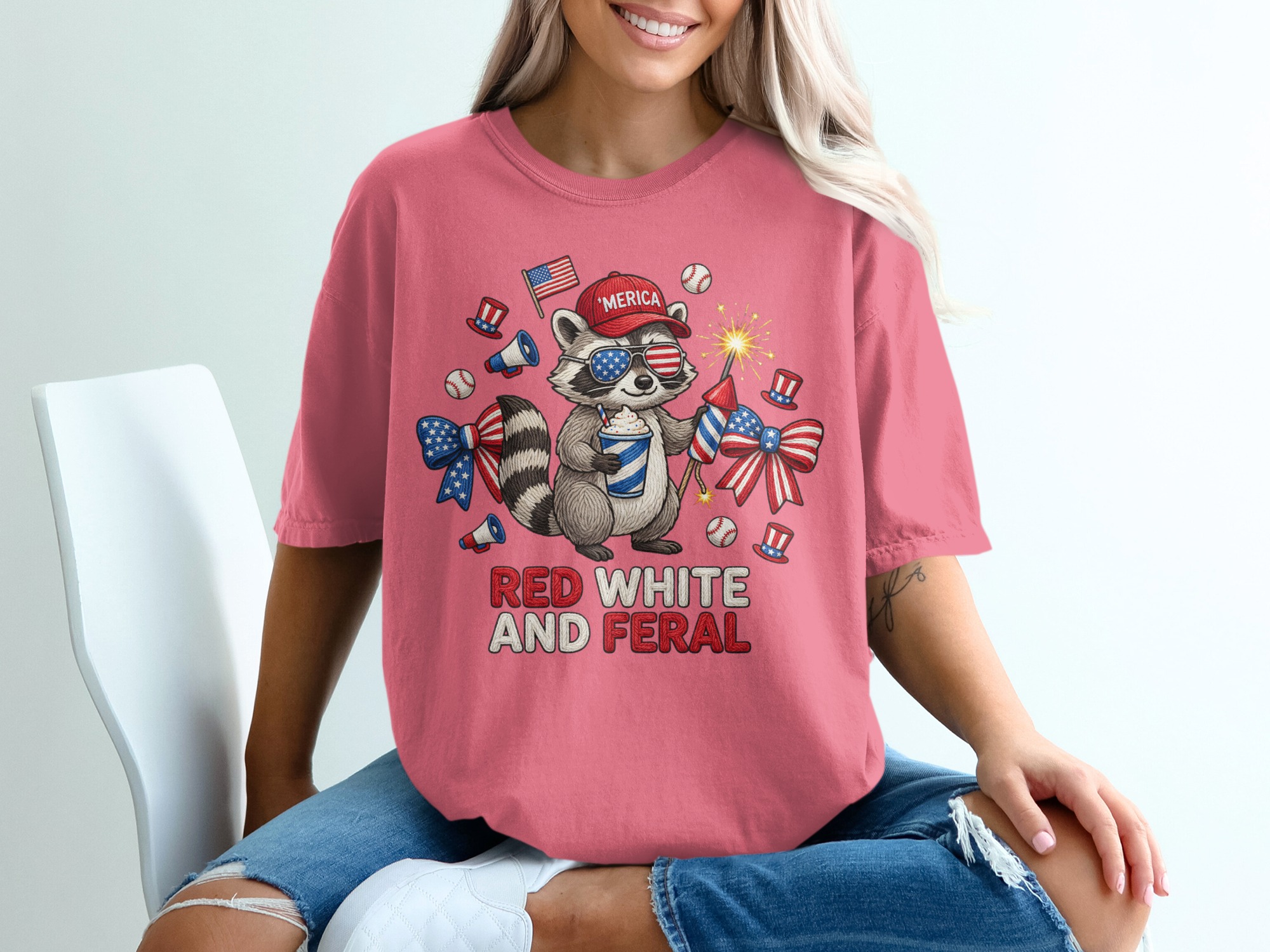 Red White and Feral Raccoon T-Shirt, Funny 4th of July Patriotic America Tee, Independence Day Party Animal Lover Gift - Image 16