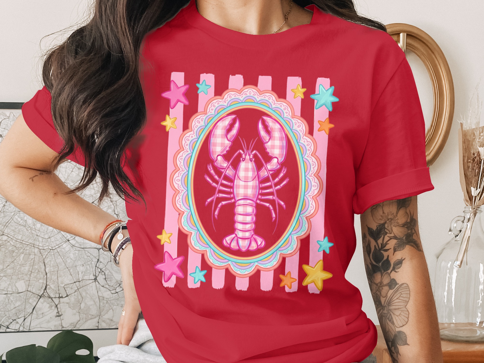 Comfort Colors® Lobster T-Shirt, Cute Pink Gingham Lobster Tee, Coquette Aesthetic Top, Whimsical Summer Beach, Coastal Cowgirl, Preppy - Image 4