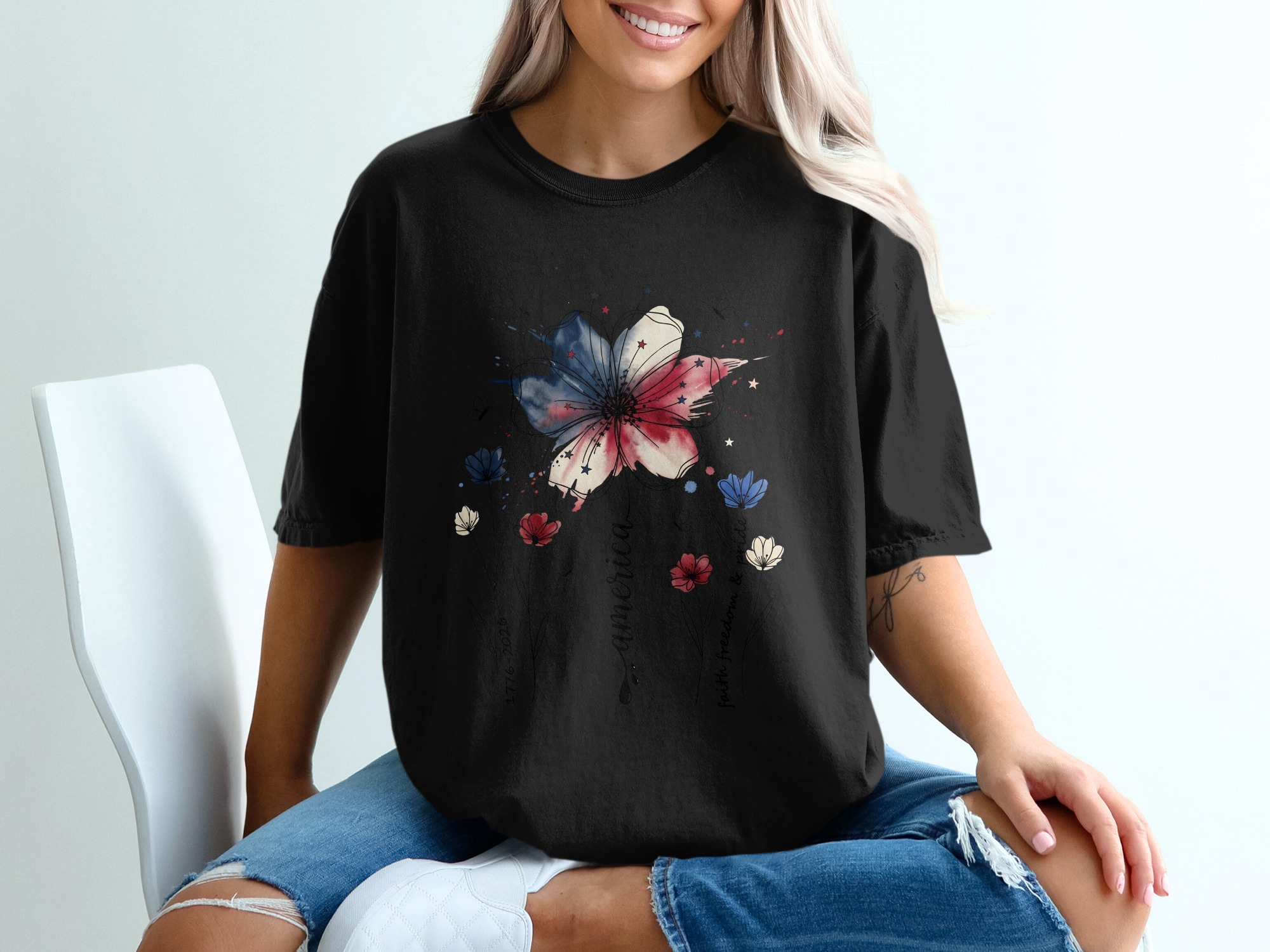 Patriotic Floral America Watercolor T-Shirt | Faith Freedom Pride Shirt | 4th of July Independence Day Tee | American Flag Flower - Image 8