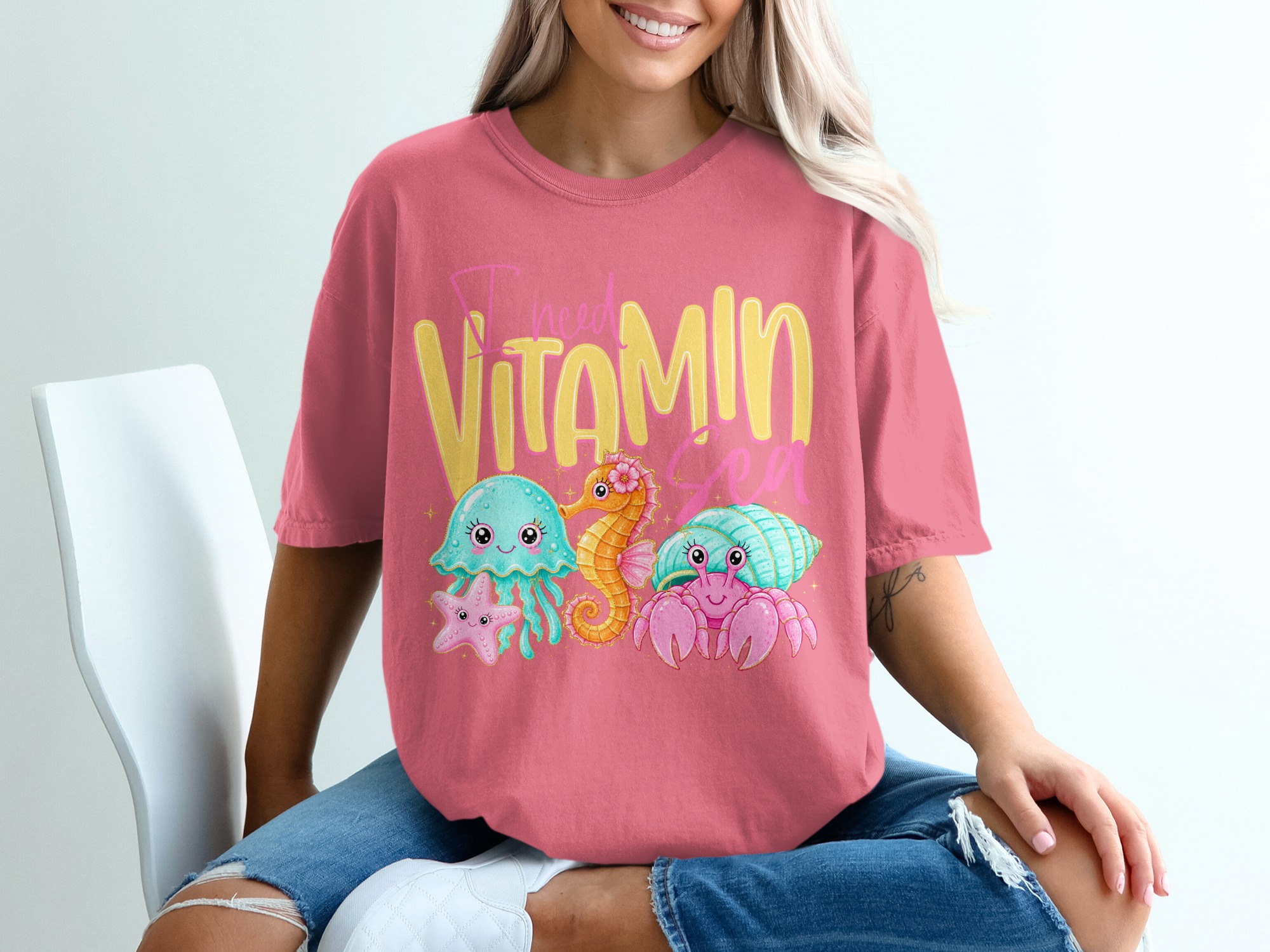 Vitamin Sea T-Shirt, Cute Ocean Lover Tee, Kawaii Beach Vacation Shirt, Faux Glitter Sea Creature Top, Summer Vibes Gift for Her - Image 16