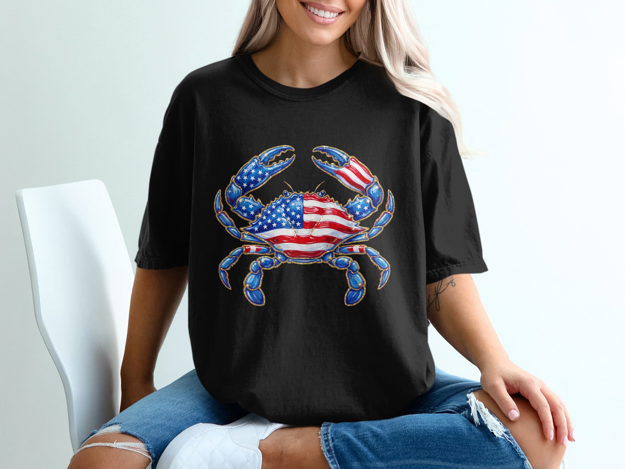 Patriotic Crab T-Shirt, American Flag Glitter Effect Crab Tee, Fourth of July Summer Top, USA Pride Coastal Crab Lover Gift - Image 8