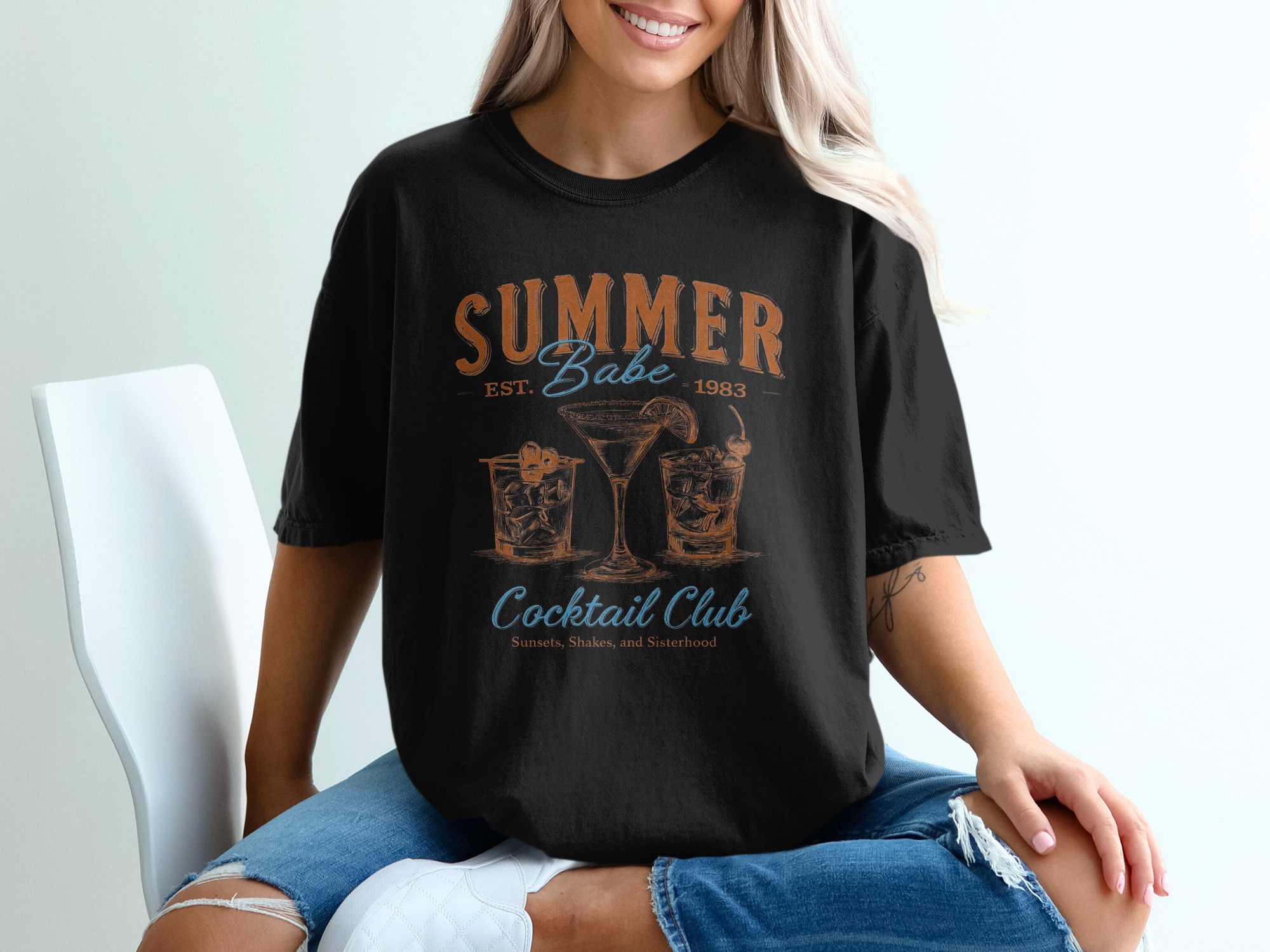 Summer Babe T-Shirt, Comfort Colors ® Cocktail Club Est 1983, Sunsets Shakes Sisterhood Tee, Girls Trip Retro Vacation Shirt, Best Friend - Image 2