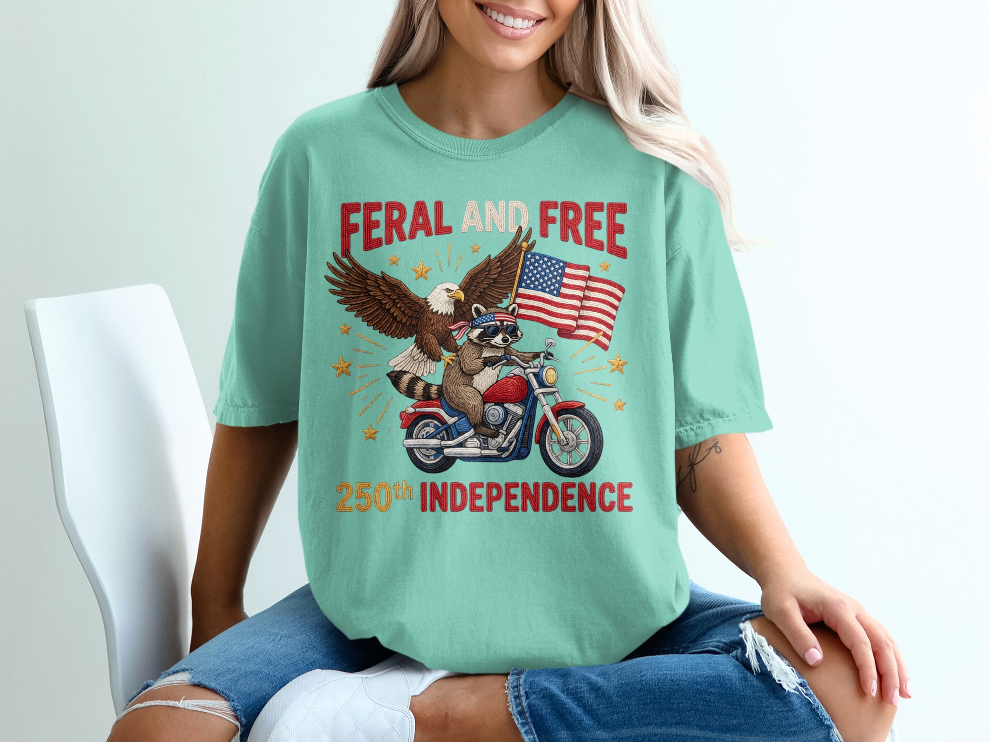 Feral and Free 250th Independence Day T-Shirt, Patriotic Raccoon Eagle Motorcycle Tee, American Flag Biker Freedom Shirt, July 4th Gift - Image 10