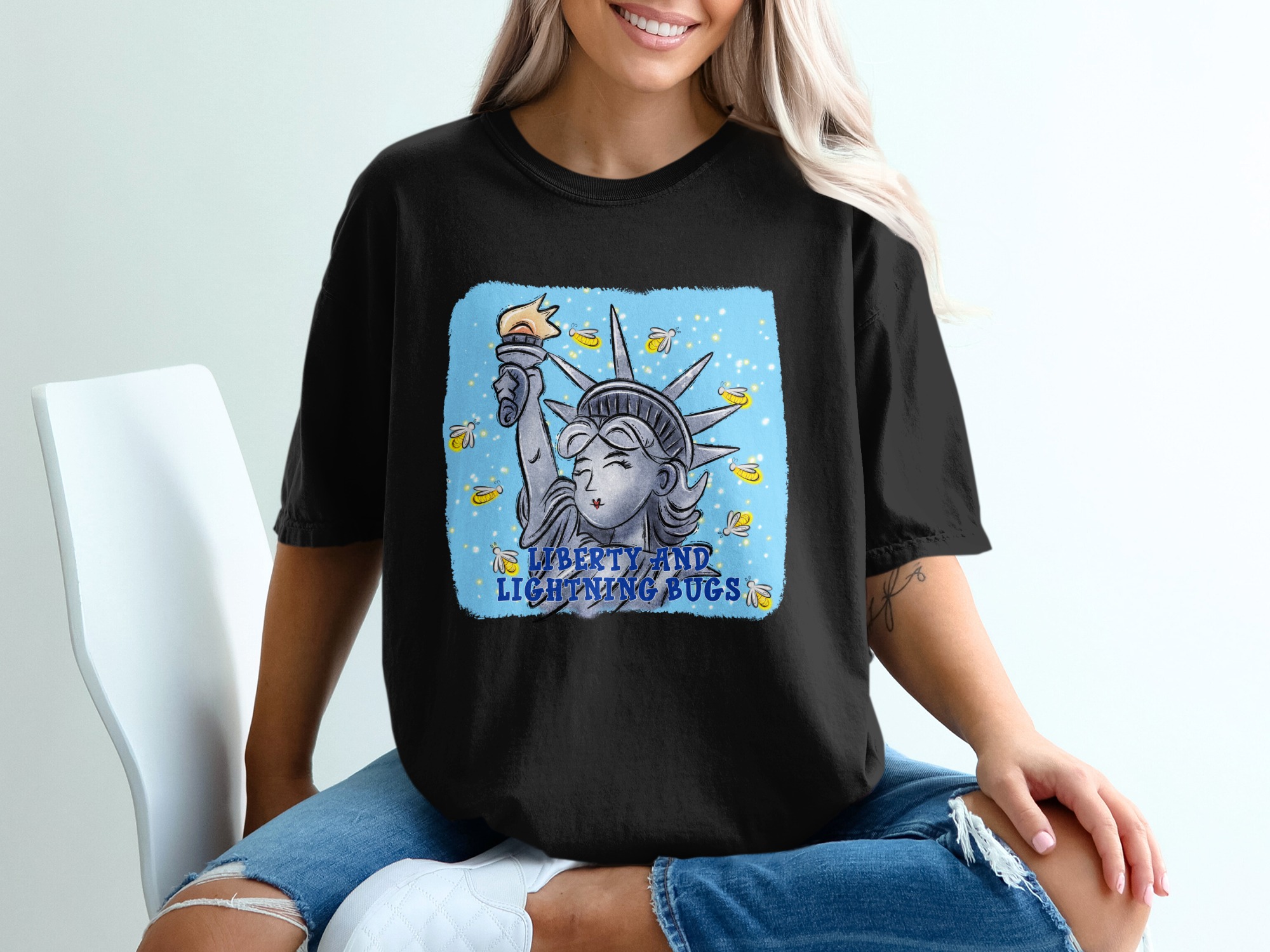 Liberty and Lightning Bugs T-Shirt, Whimsical Statue of Liberty Firefly Graphic Tee, Patriotic Summer Shirt Gift for Her - Image 2