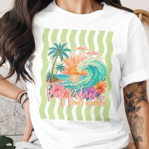Comfort Colors® Happiness Comes In Waves T-Shirt, Coastal Beach Tee, Tropical Sunset Wave, Summer Vacation Shirt, Surfer Gift For Her
