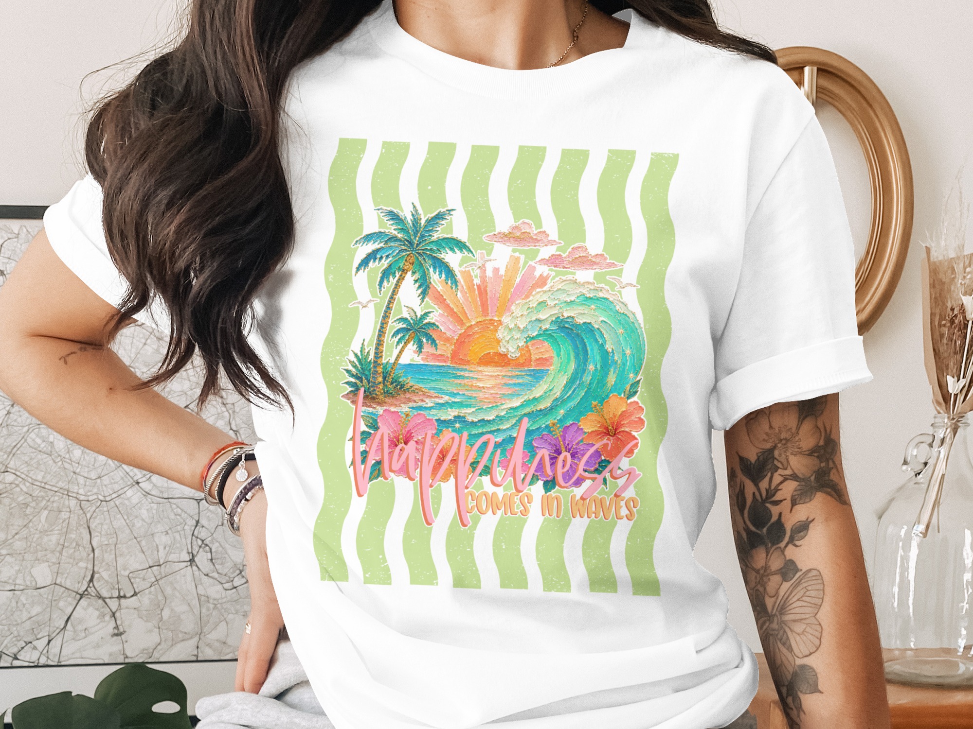 Comfort Colors® Happiness Comes In Waves T-Shirt, Coastal Beach Tee, Tropical Sunset Wave, Summer Vacation Shirt, Surfer Gift For Her