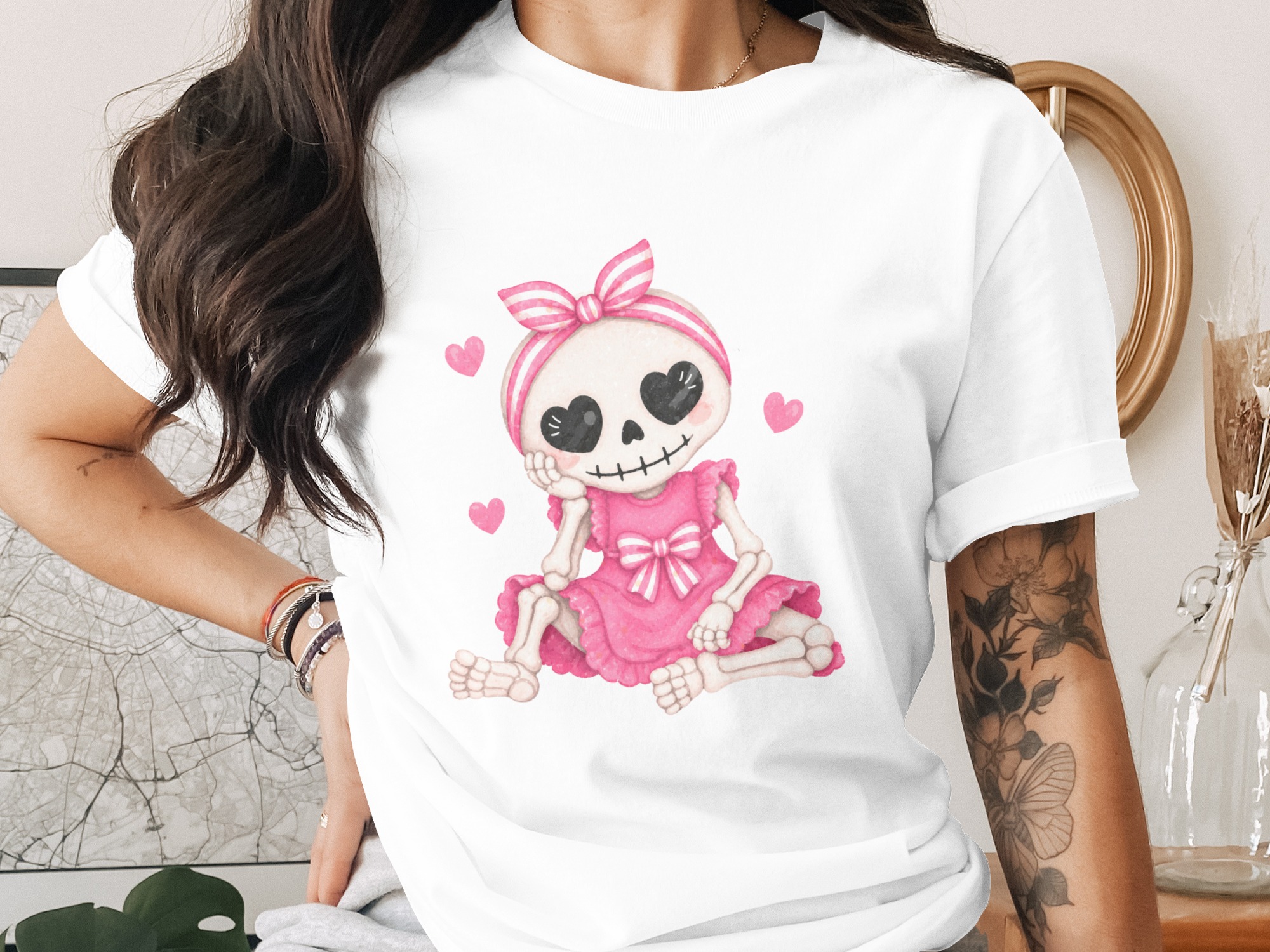 Adorable Kawaii Skeleton Girl T-Shirt with Hearts