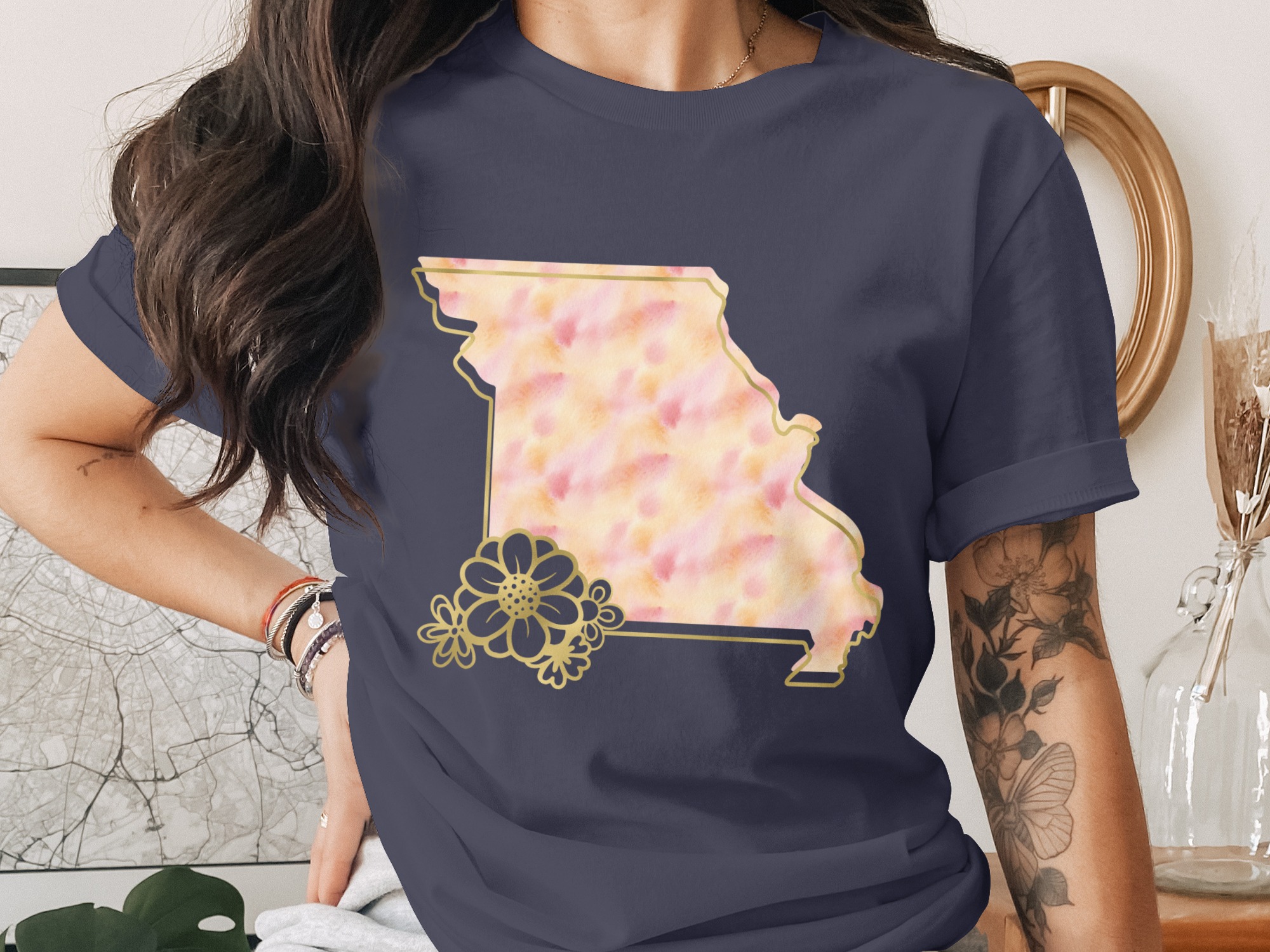 Missouri State Gold Watercolor Floral T-Shirt | MO Map Tee | Show-Me State Pride Gift for Her, Missouri Native & Resident - Image 3