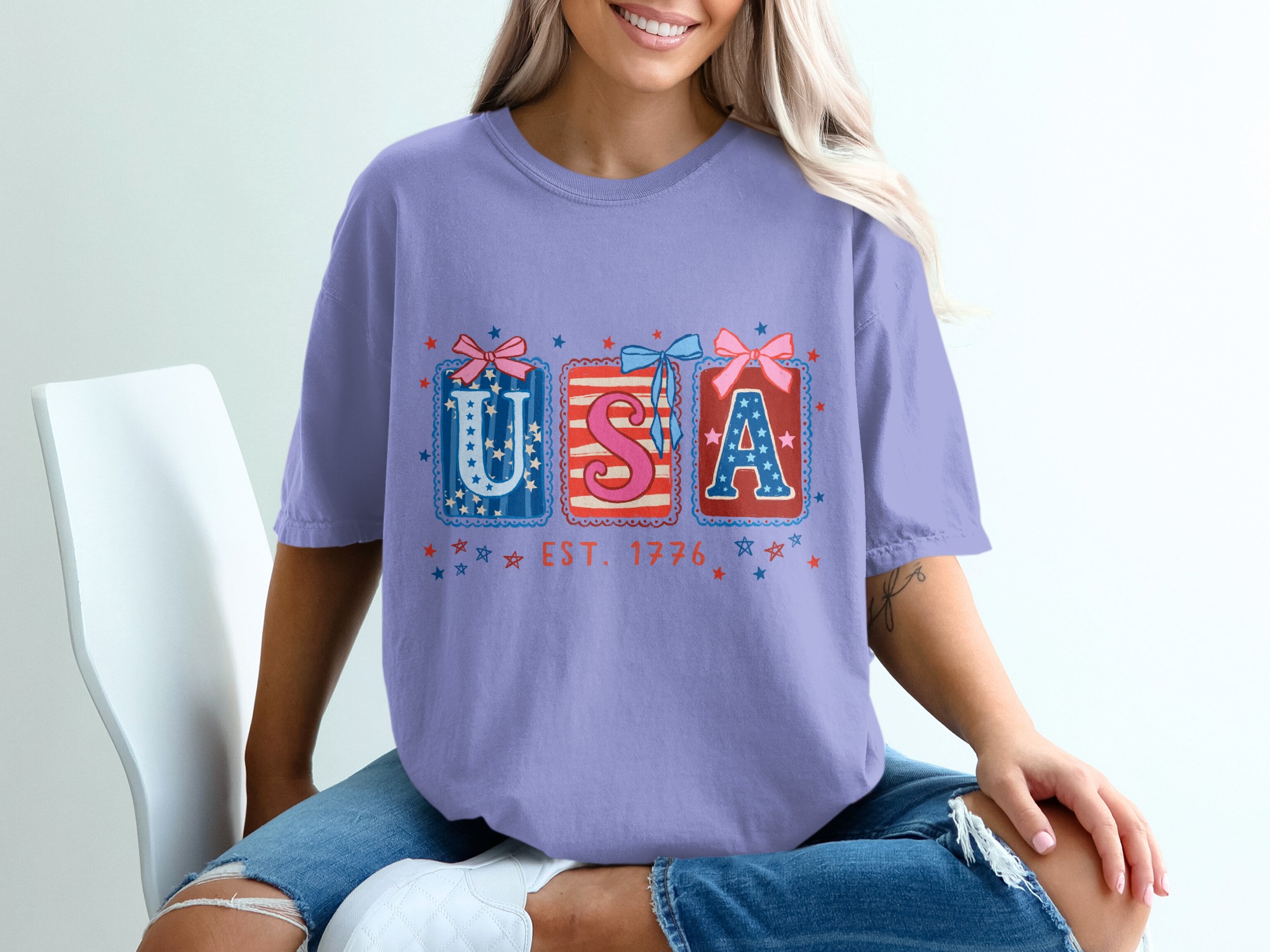 Patriotic USA Est 1776 T-Shirt, Whimsical Americana Tee, Fourth of July Top, Vintage Independence Day Shirt for Her, Cute Stars & Stripes - Image 18