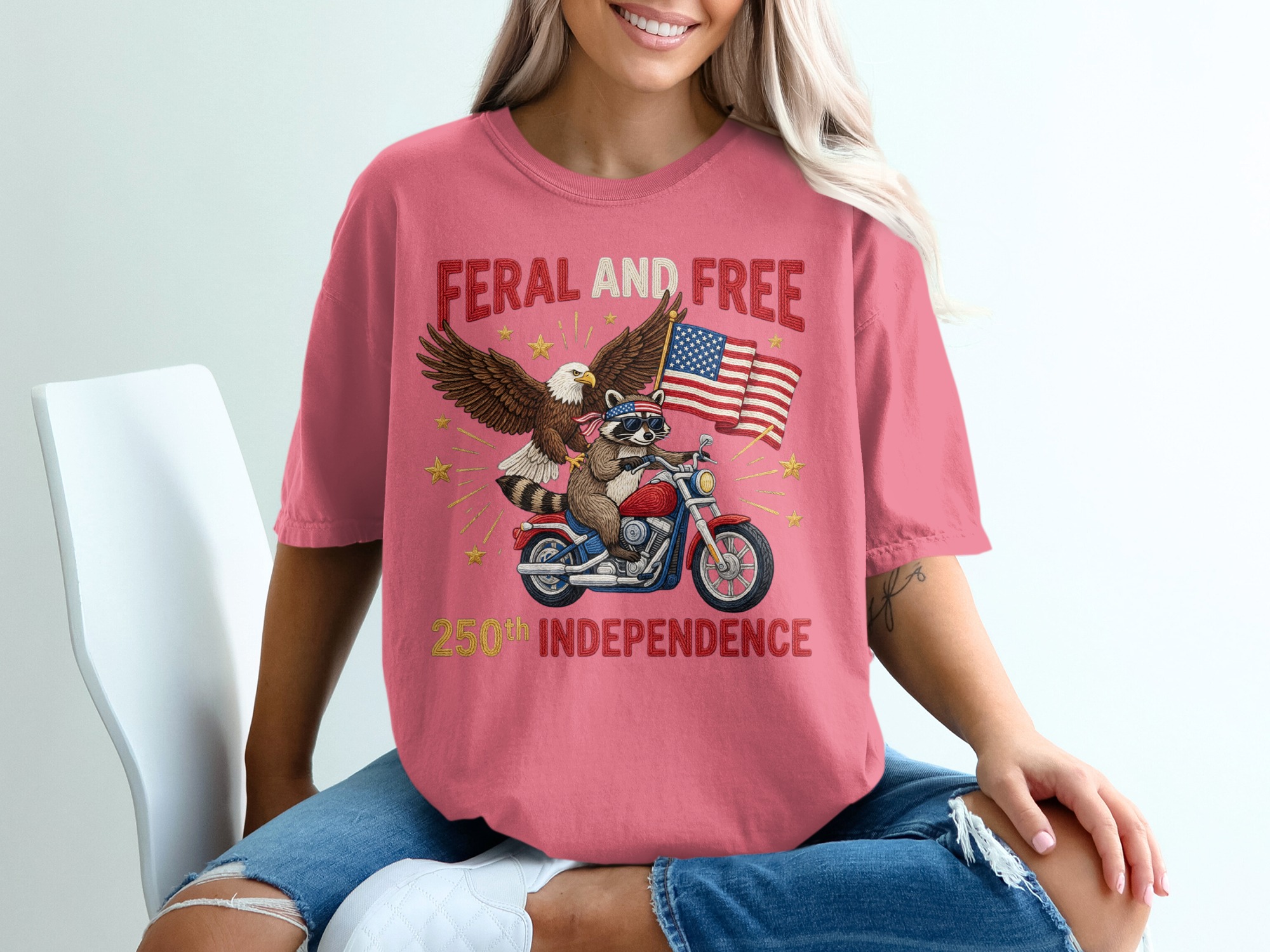 Feral and Free 250th Independence Day T-Shirt, Patriotic Raccoon Eagle Motorcycle Tee, American Flag Biker Freedom Shirt, July 4th Gift - Image 16