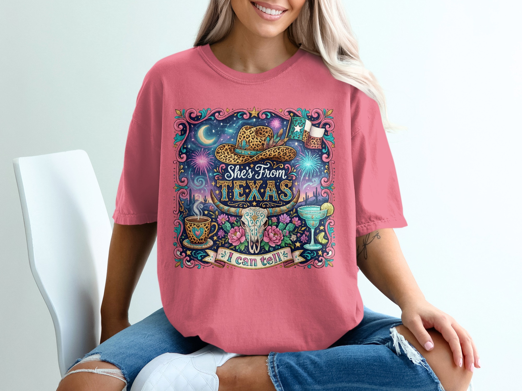 She's From Texas T-Shirt, Western Boho Cowgirl Tee, Texas Pride Gift for Her, Leopard Print Cowboy Hat Longhorn Skull Desert Shirt - Image 16