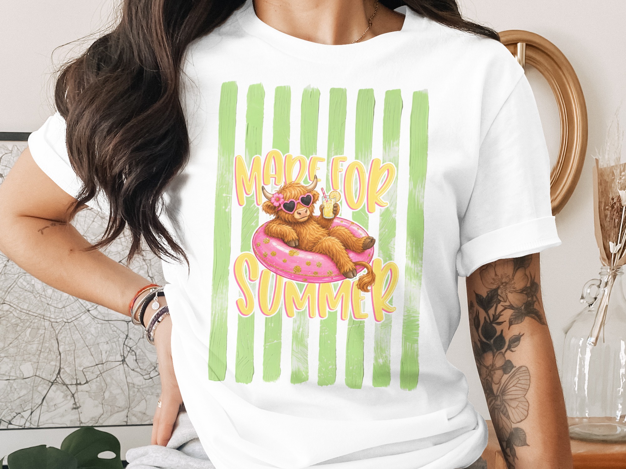 Comfort Colors® Made For Summer T-Shirt, Highland Cow Tee, Cute Animal Vacation Shirt, Summer Vibe Top, Whimsical Farm Animal Graphic Tee