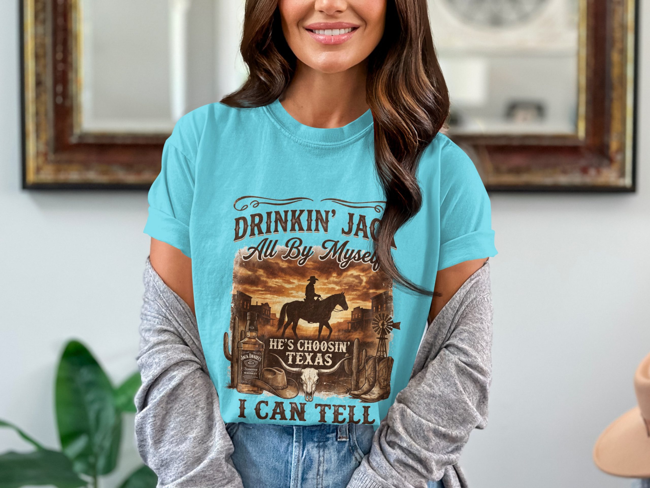 Western Cowboy Texas T-Shirt | Rustic Country Style Graphic Tee for Men & Women | Whiskey Bottle & Bull Skull Design - Image 7