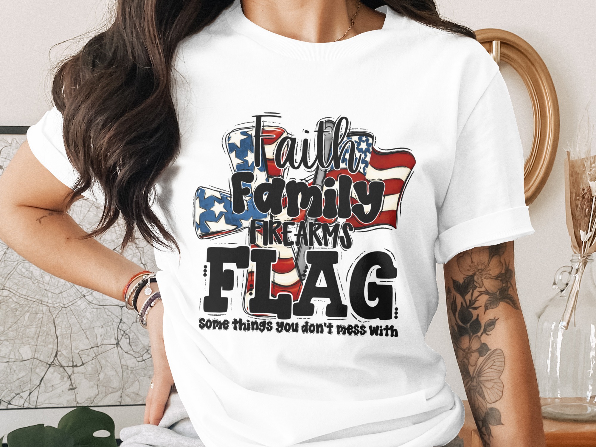 Faith Family Firearms Flag T-Shirt, Patriotic American Conservative Tee, Second Amendment Gift for Him Her, Freedom Lover Apparel