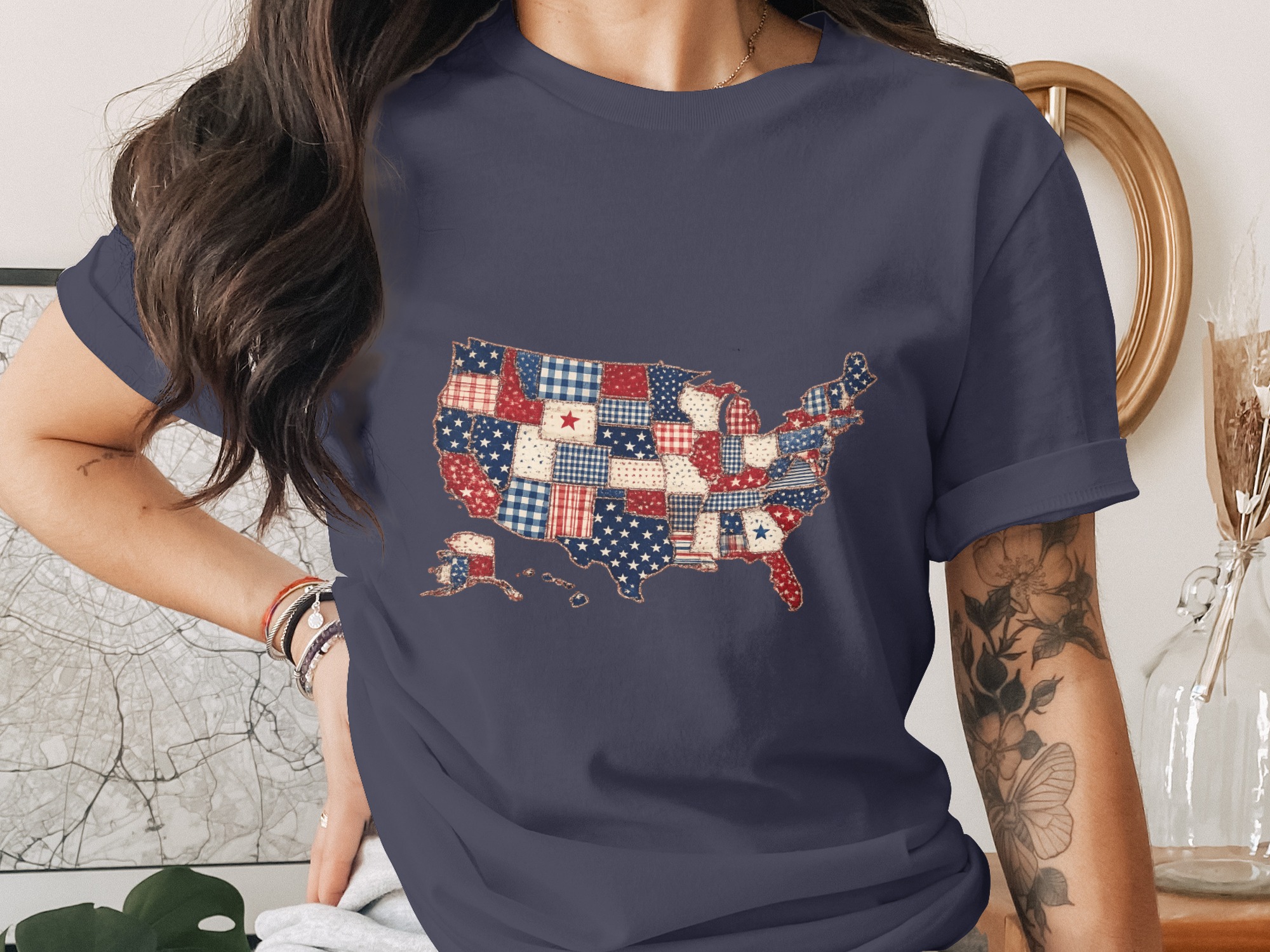 Patriotic USA Map T-Shirt, Americana Quilt Print Tee, Distressed American Flag Shirt, 4th of July Outfit, Veteran Gift Idea - Image 3