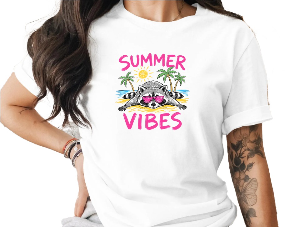 Comfort Colors® Summer Vibes Raccoon T-Shirt, Beach Vacation Tee, Relaxed Animal Lover Shirt, Fun Summer Graphic Top
