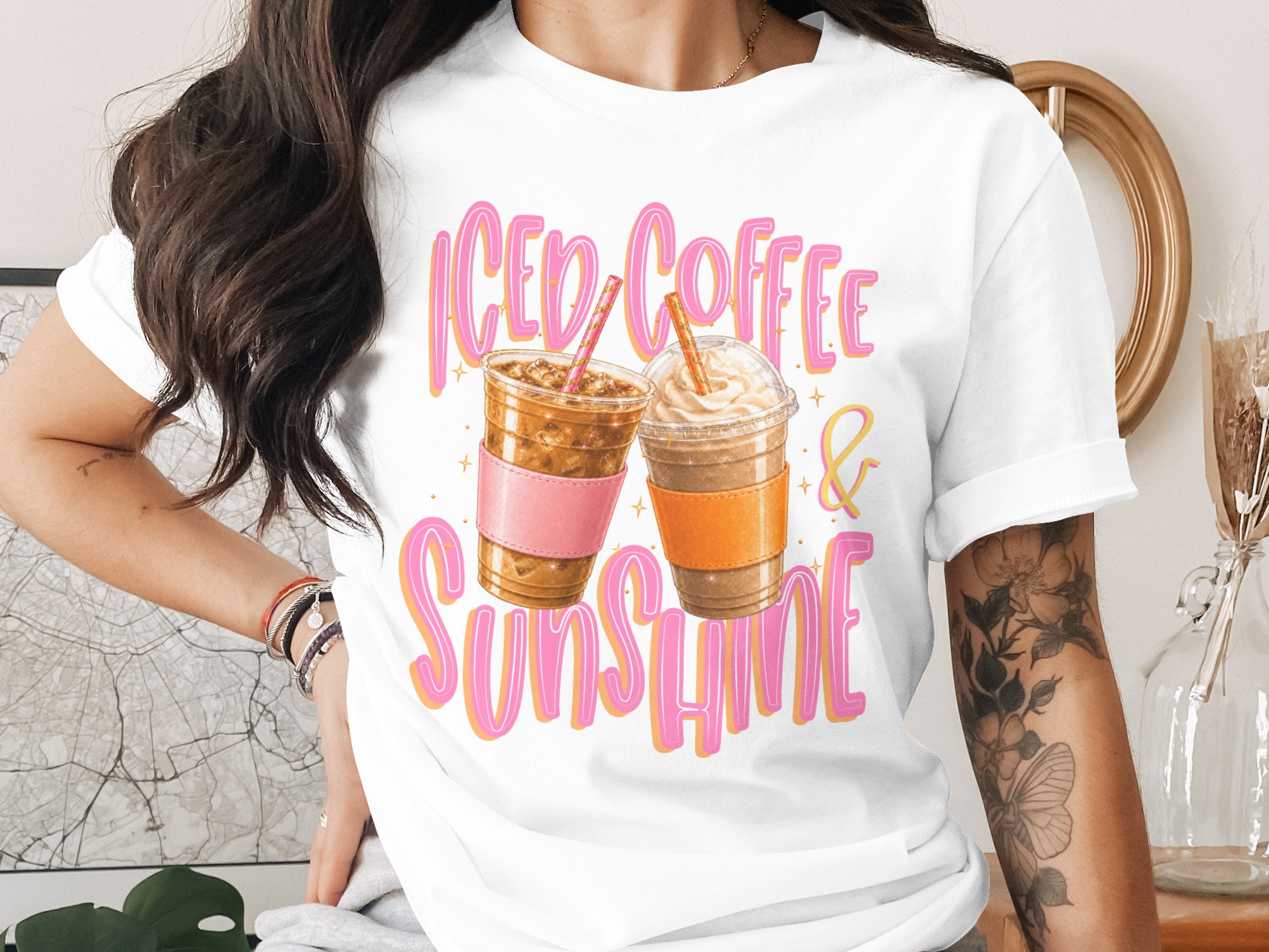 Iced Coffee Sunshine T-Shirt, Summer Vibes Gift, Coffee Lover Aesthetic Tee, Cute Caffeine Graphic Shirt, Women's Trendy Top