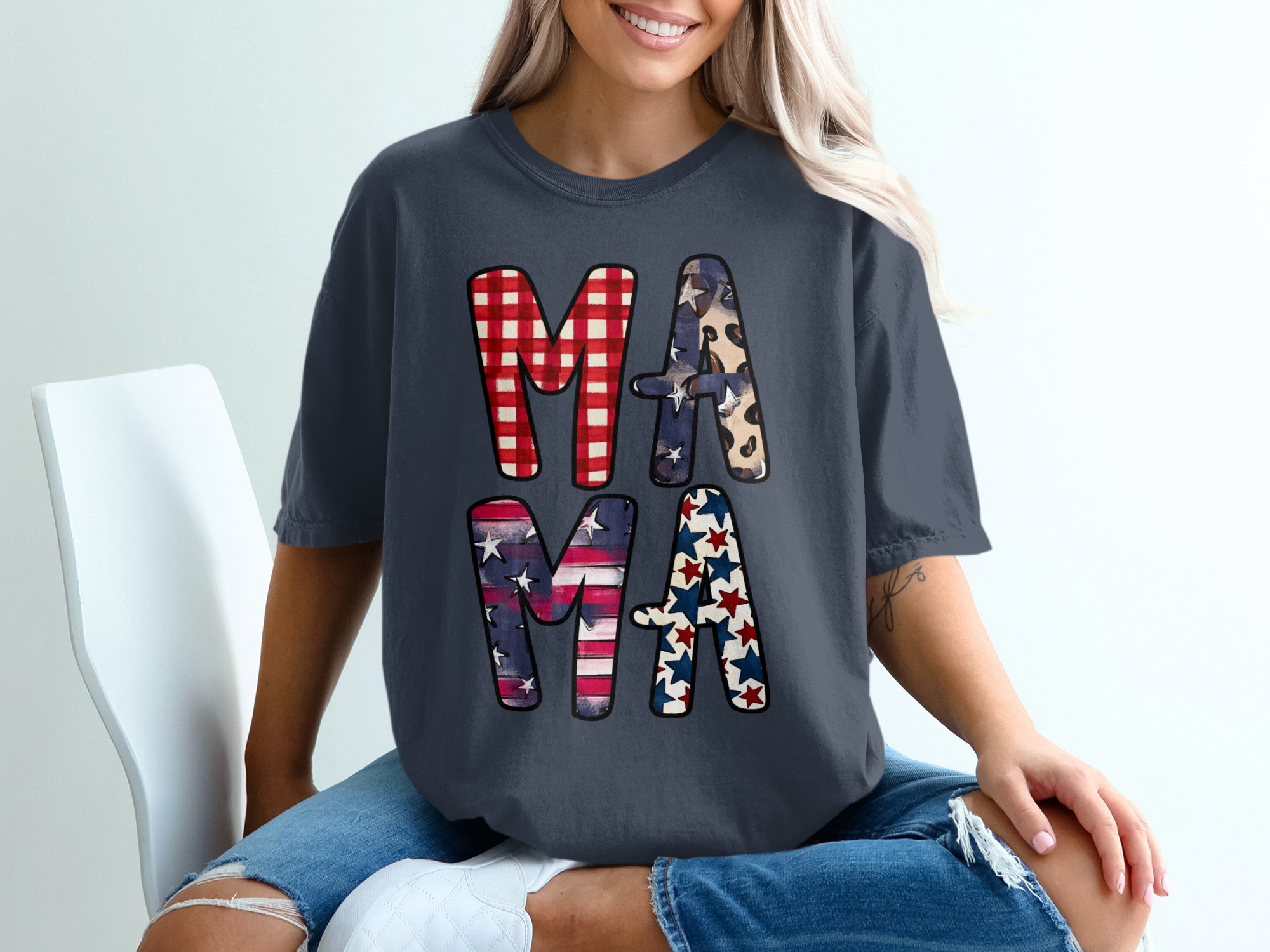 Patriotic Mama T-Shirt, Distressed Flag & Leopard Print Stars Tee, Buffalo Plaid Americana Mom Life Gift - Image 12