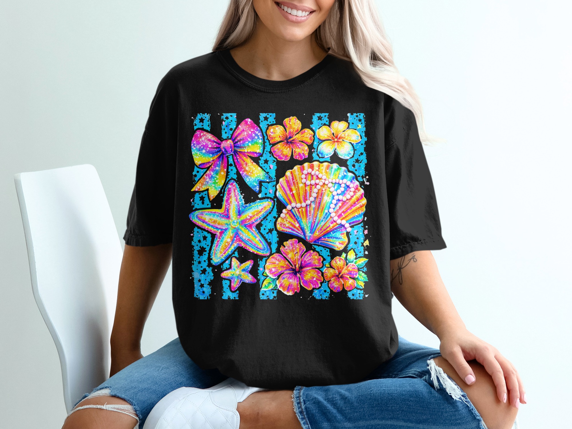 Y2K Rainbow Beach T-Shirt, Comfort Colors ® Sparkle Seashell Starfish Tee, Aesthetic Summer Vacation Top, Fun Oceancore Gift - Image 2