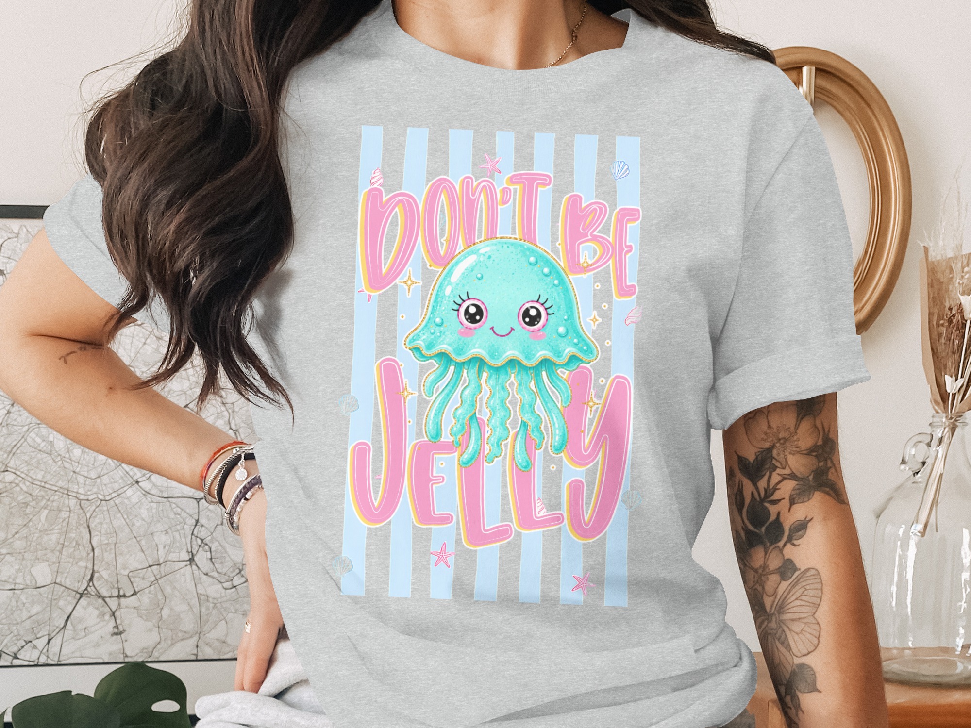 Comfort Colors® Don't Be Jelly T-Shirt, Cute Jellyfish Pun Shirt, Kawaii Ocean Marine Life Tee, Summer Beach Lover Gift, Pastel Stripe - Image 2