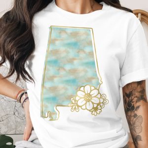 Alabama State Flower T-Shirt, Faux Gold Floral Watercolor Alabama Map Tee, Southern Home State Pride Gift Shirt for Women