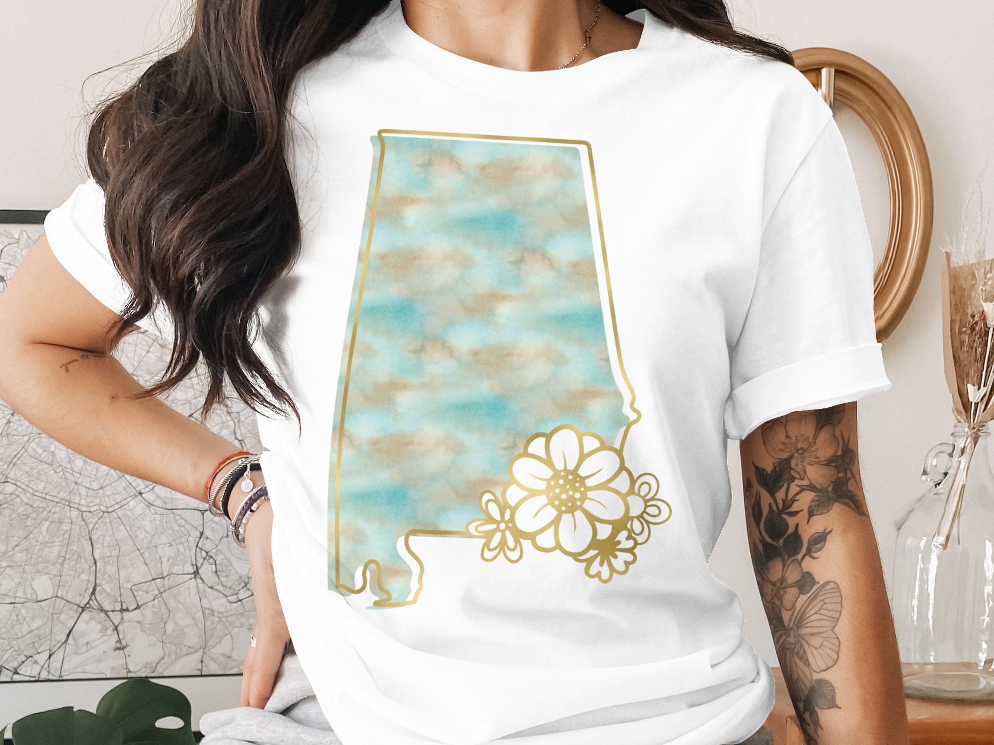 Alabama State Flower T-Shirt, Faux Gold Floral Watercolor Alabama Map Tee, Southern Home State Pride Gift Shirt for Women