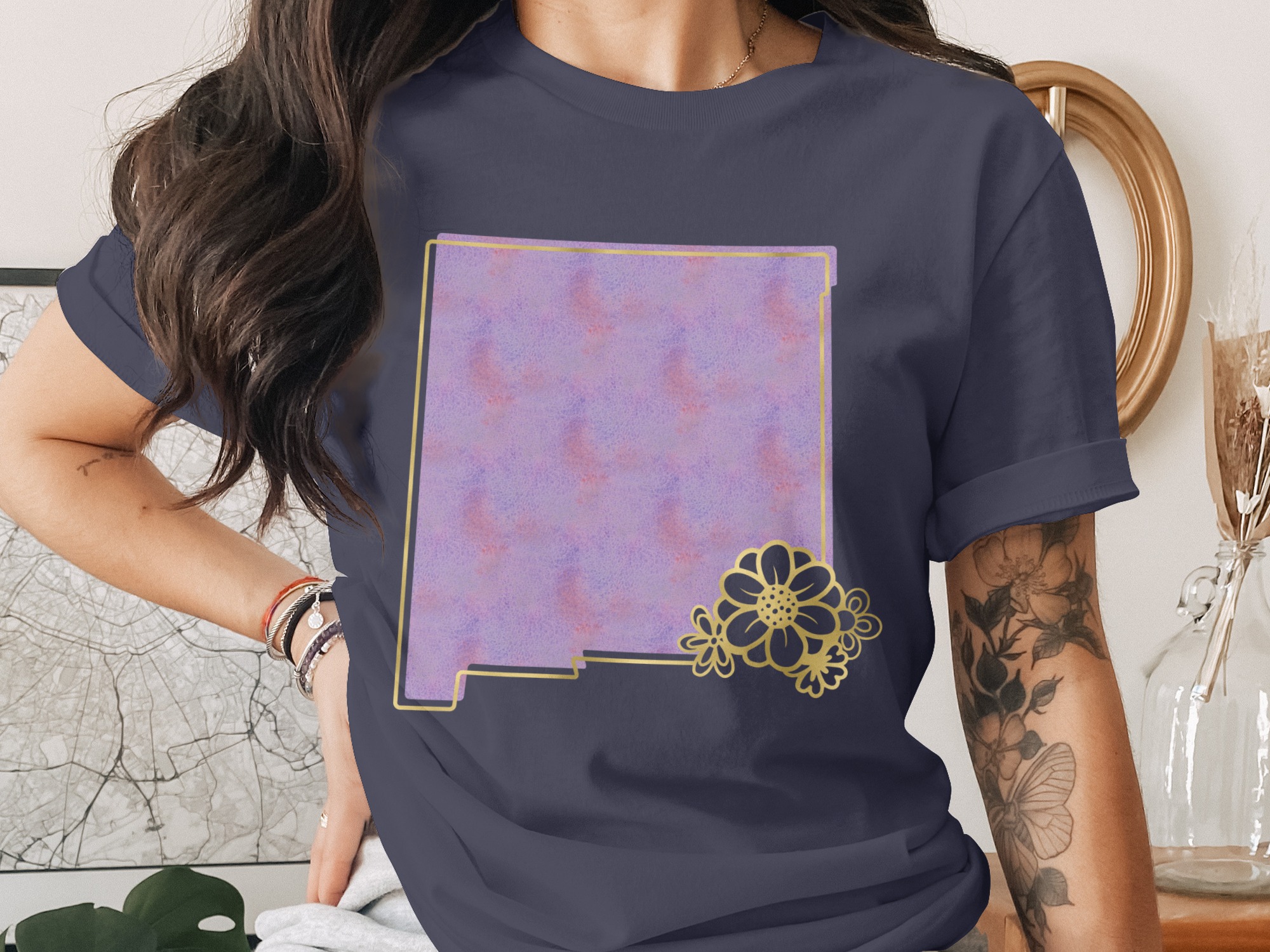 New Mexico Watercolor T-Shirt, Faux Gold Floral NM State Outline Tee, Southwestern Boho Purple State Pride Top, Travel Souvenir Gift - Image 3