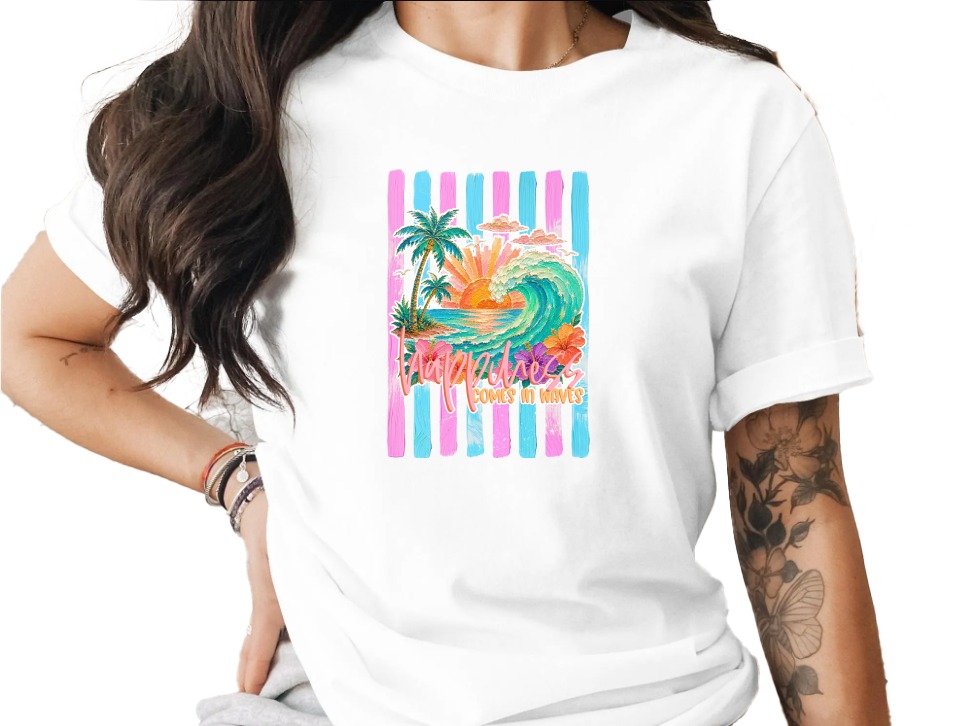 Comfort Colors ® Happiness Comes in Waves T-Shirt, Tropical Sunset Beach Wave Graphic Tee, Vacation Shirt, Ocean Lover Gift for Her, Summer