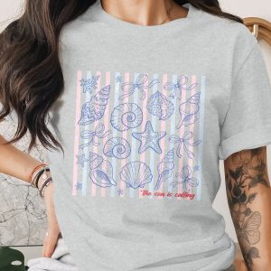 The Sea Is Calling T-Shirt, Nautical Beach Vacation Shirt, Coastal Seashell Starfish Ocean Lover Tee, Summer Striped Marine Life Top, Gift