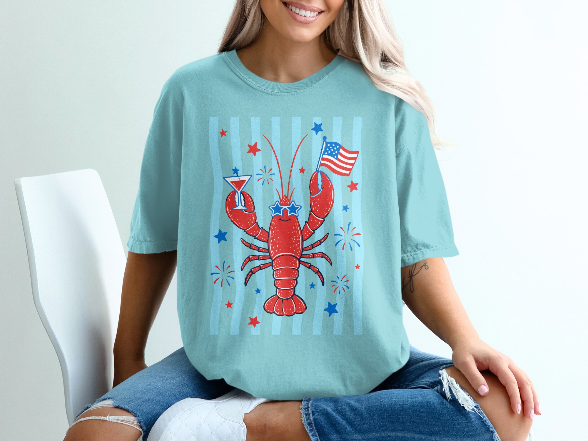 Comfort Colors® Patriotic Lobster T-Shirt, Funny 4th of July Tee, Summer Coastal Vacation Shirt, USA Flag Lobster Party Top - Image 19