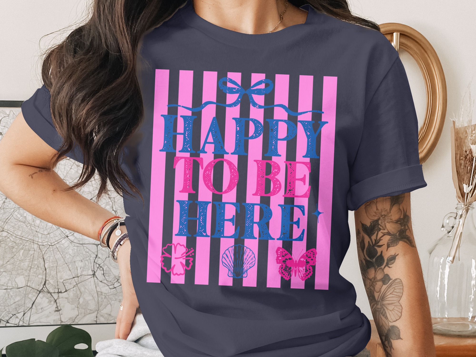 Happy To Be Here T-shirt | Barbiecore Aesthetic Tee | Pink & Blue Summer Vacation Shirt | Positive Vibes Travel Tee Gift for Her - Image 3