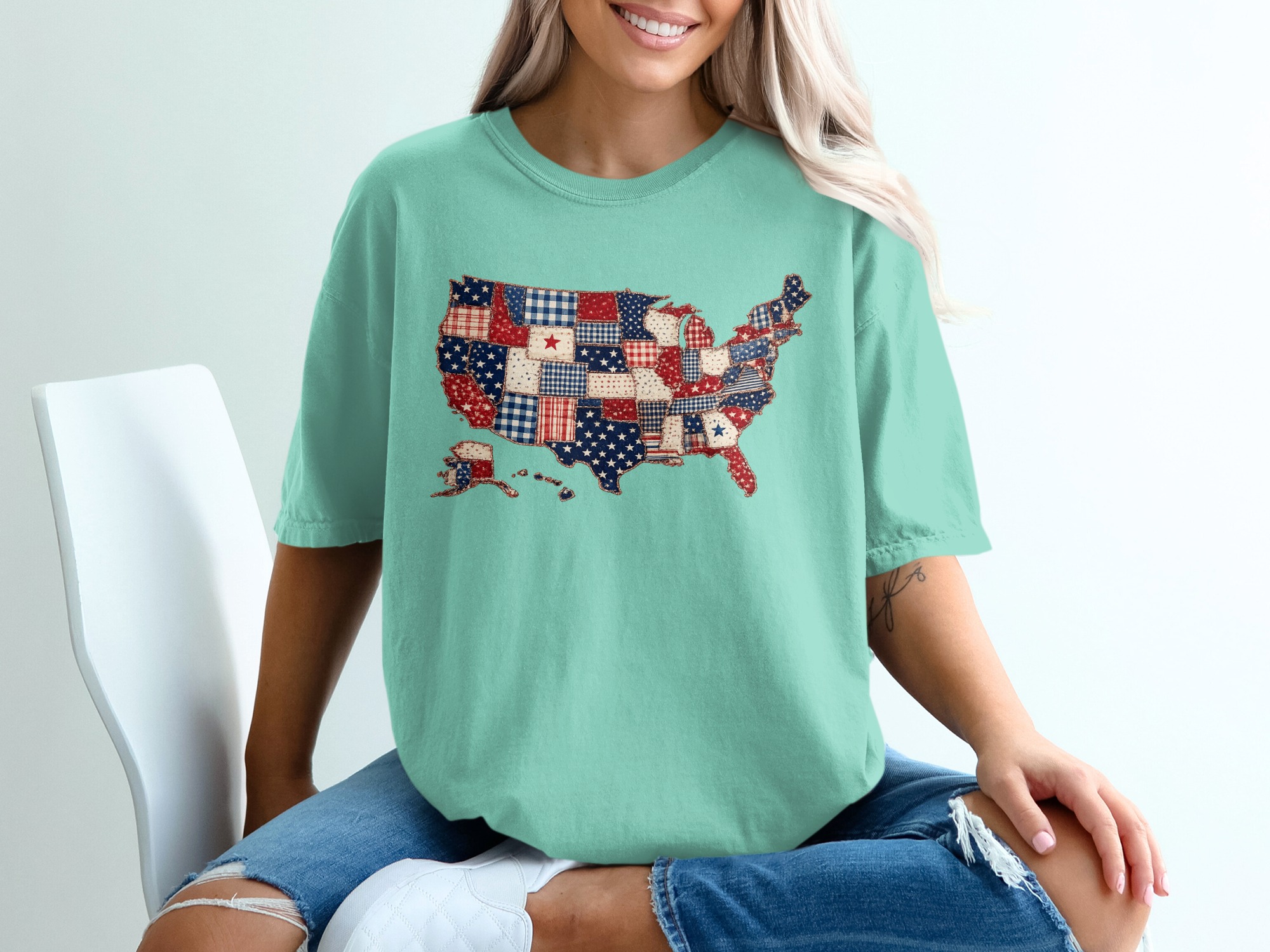 Patriotic USA Map T-Shirt, Americana Quilt Print Tee, Distressed American Flag Shirt, 4th of July Outfit, Veteran Gift Idea - Image 10