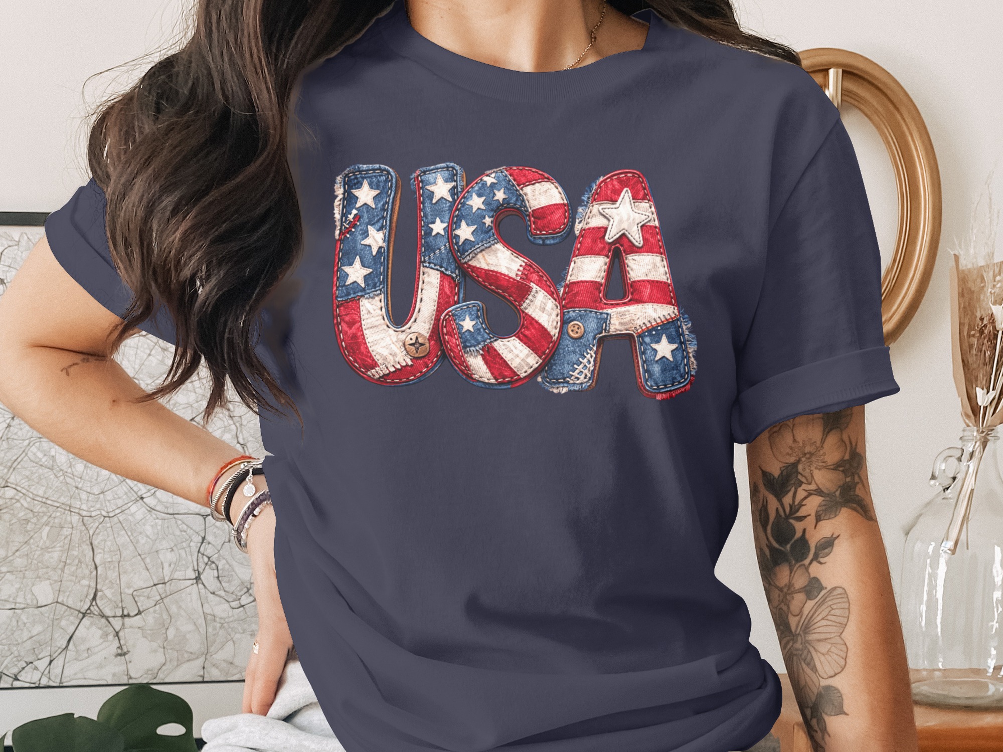 Patriotic USA T-Shirt, Faux Patchwork American Flag Tee, Rustic Country Star Stripes Top, 4th of July Celebration Shirt, Americana Gift - Image 2