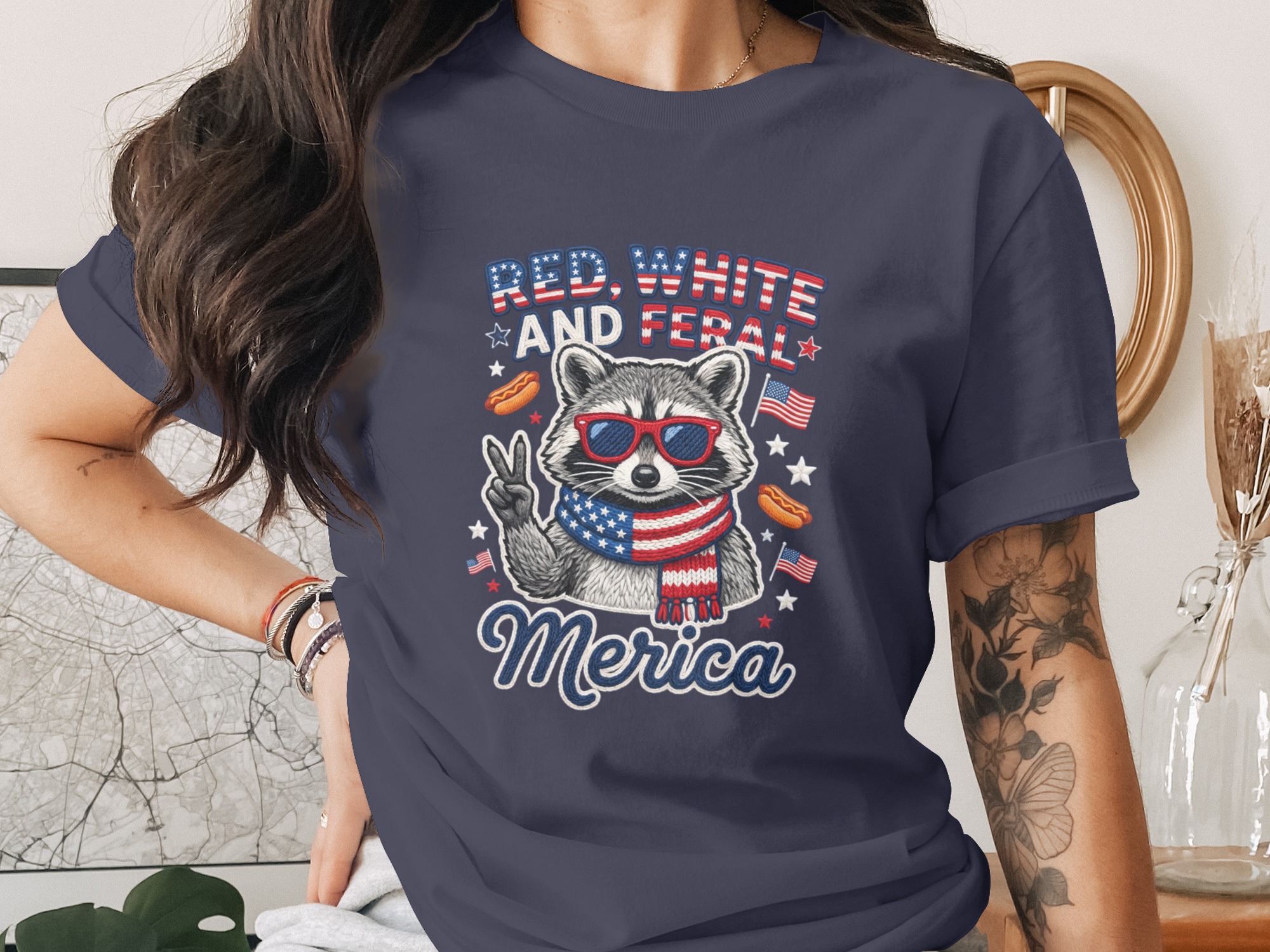 Red White and Feral Merica Raccoon T-Shirt, Funny Patriotic 4th of July Tee, American Flag Animal Shirt, Summer Party Gift - Image 3