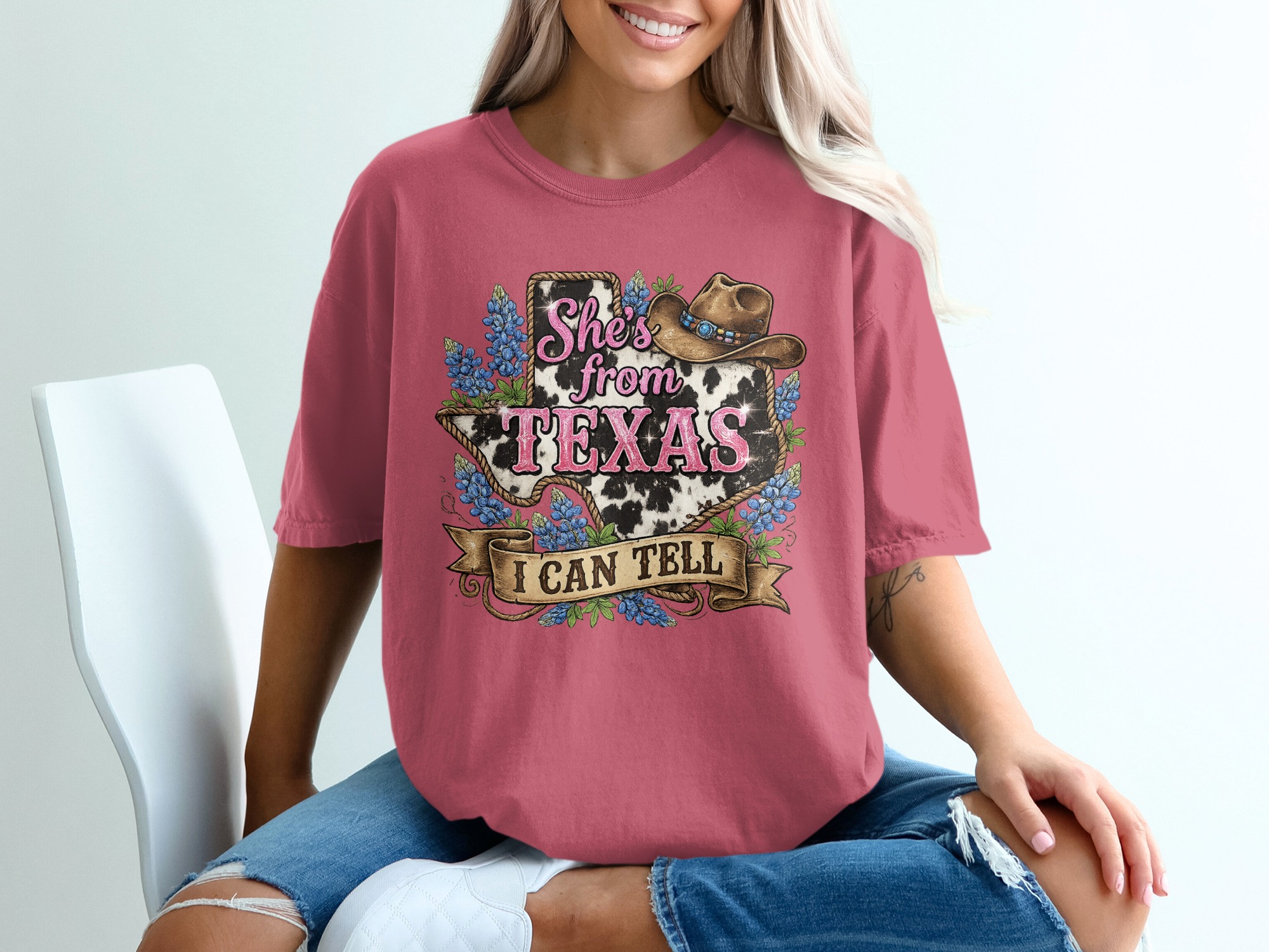 She's from Texas T-Shirt, Cow Print Bluebonnet Texas Tee, Western Country Style Southern Pride Gift for Her - Image 15