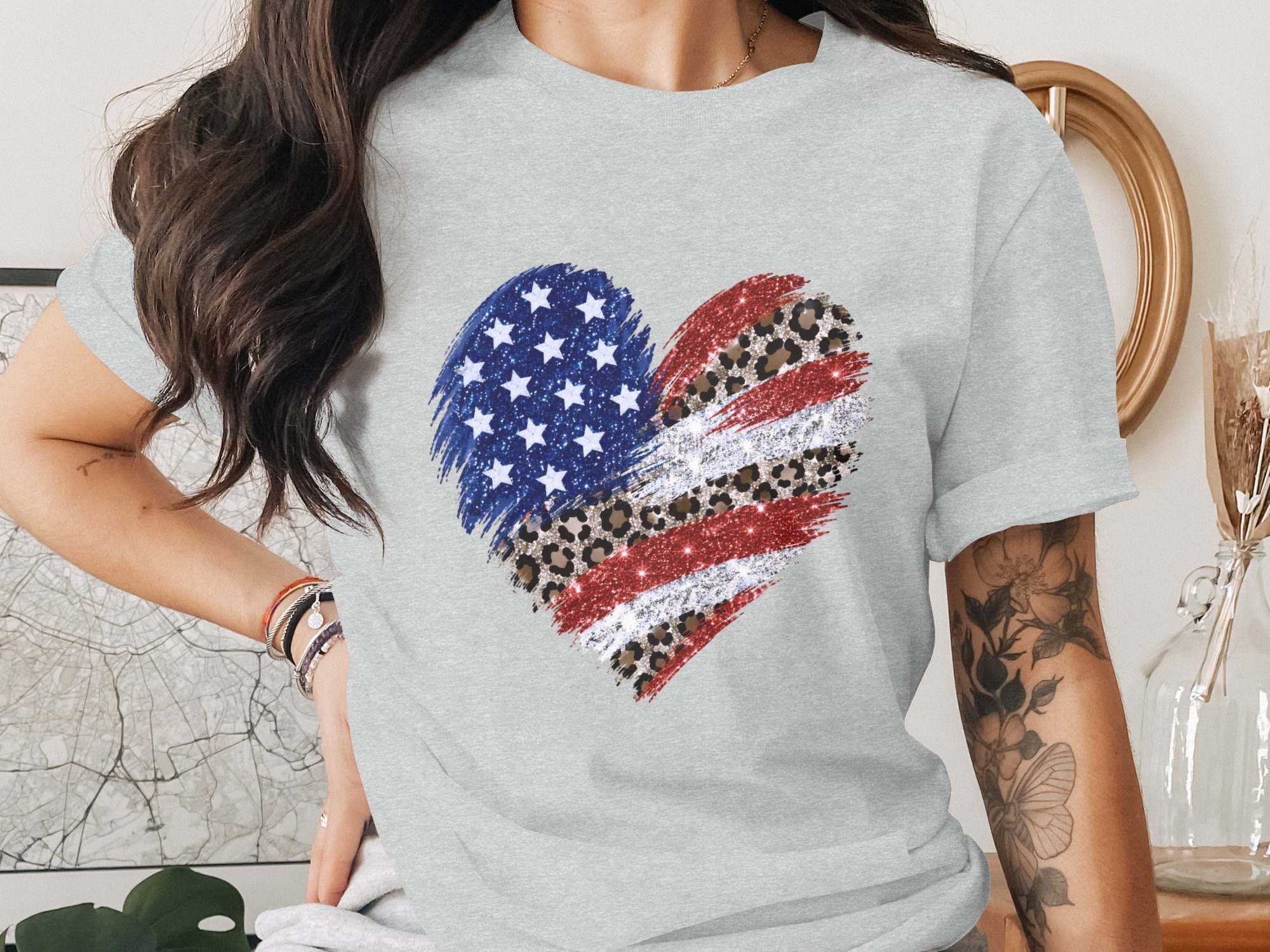 Comfort Colors® Patriotic Leopard Heart T-Shirt, American Flag Glitter Tee, 4th of July Shirt, Memorial Day, USA Pride, Trendy Gift for Her - Image 2